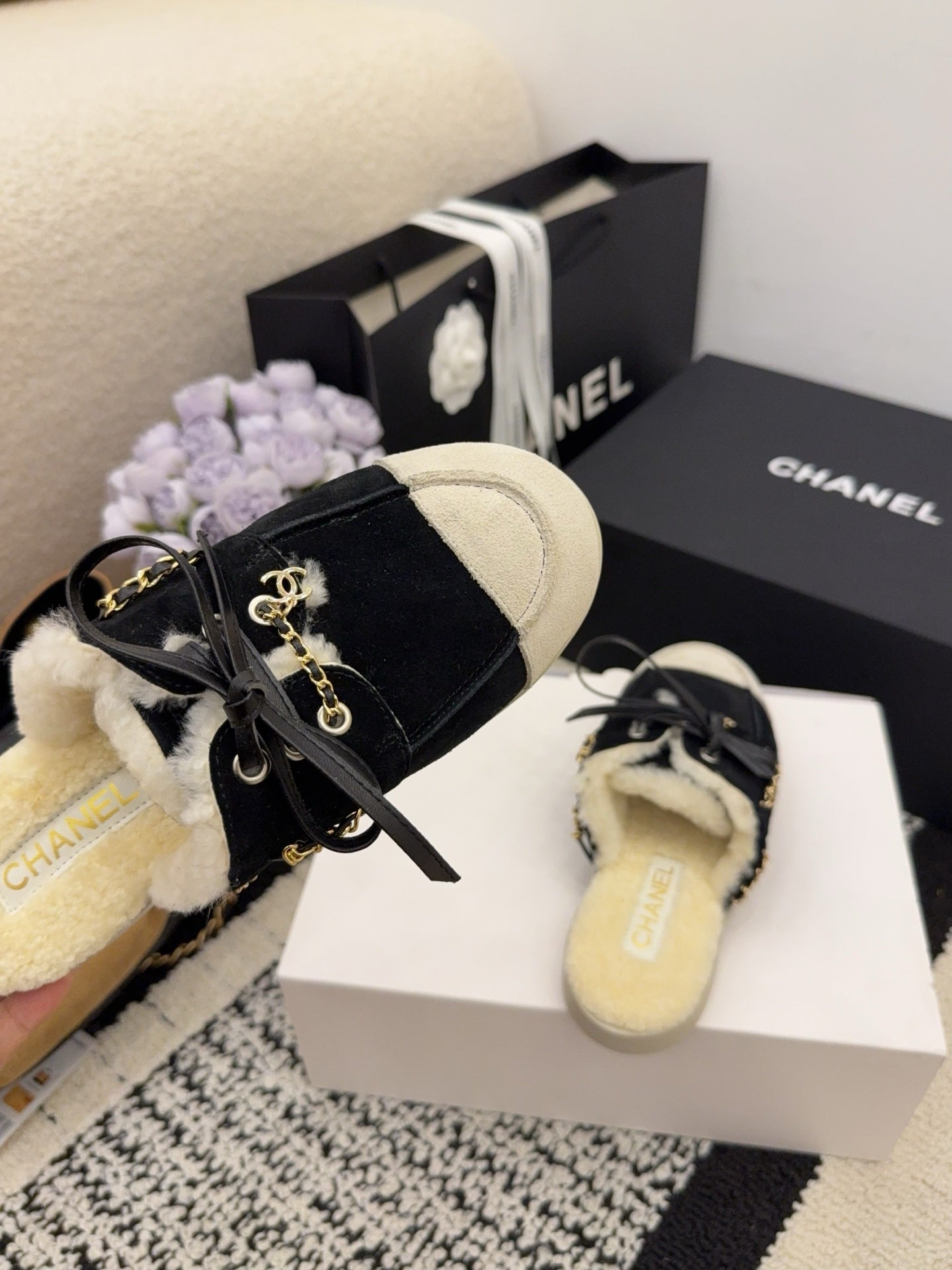 CC 26 Shearling Slip-on Loafer Black White Suede Wool 588718