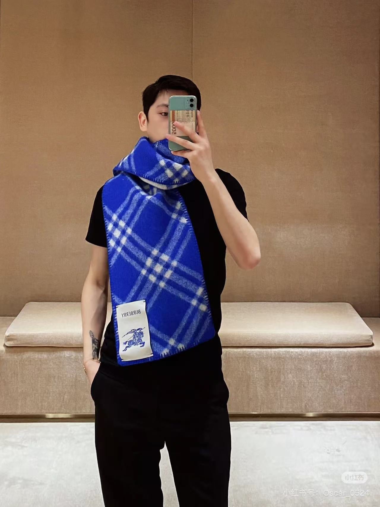 BBR Double-Sided Scarf 182CM Blue White Cashmere 293321