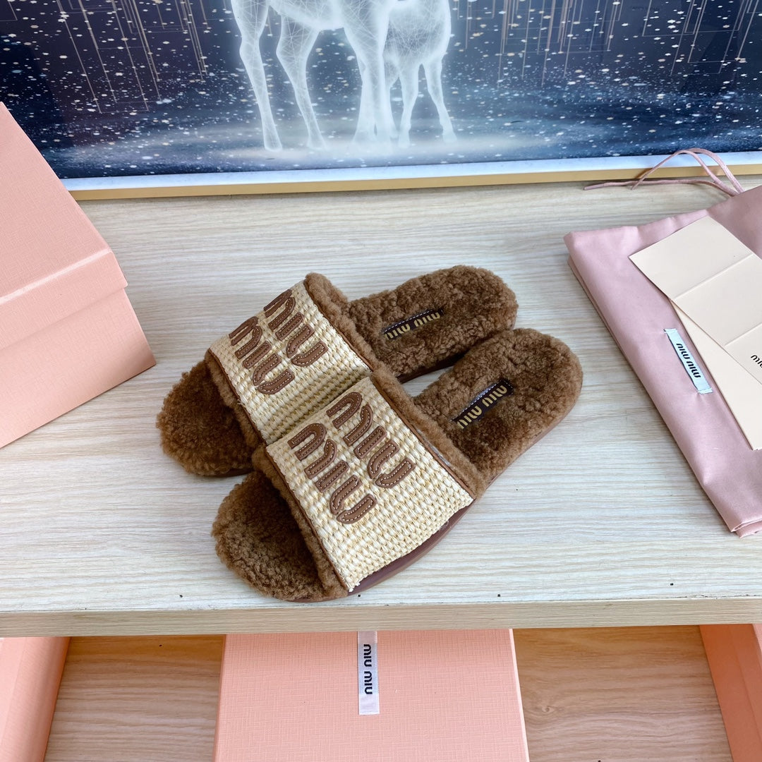 Miu Slipper Beige And Brown Woven Raffia
