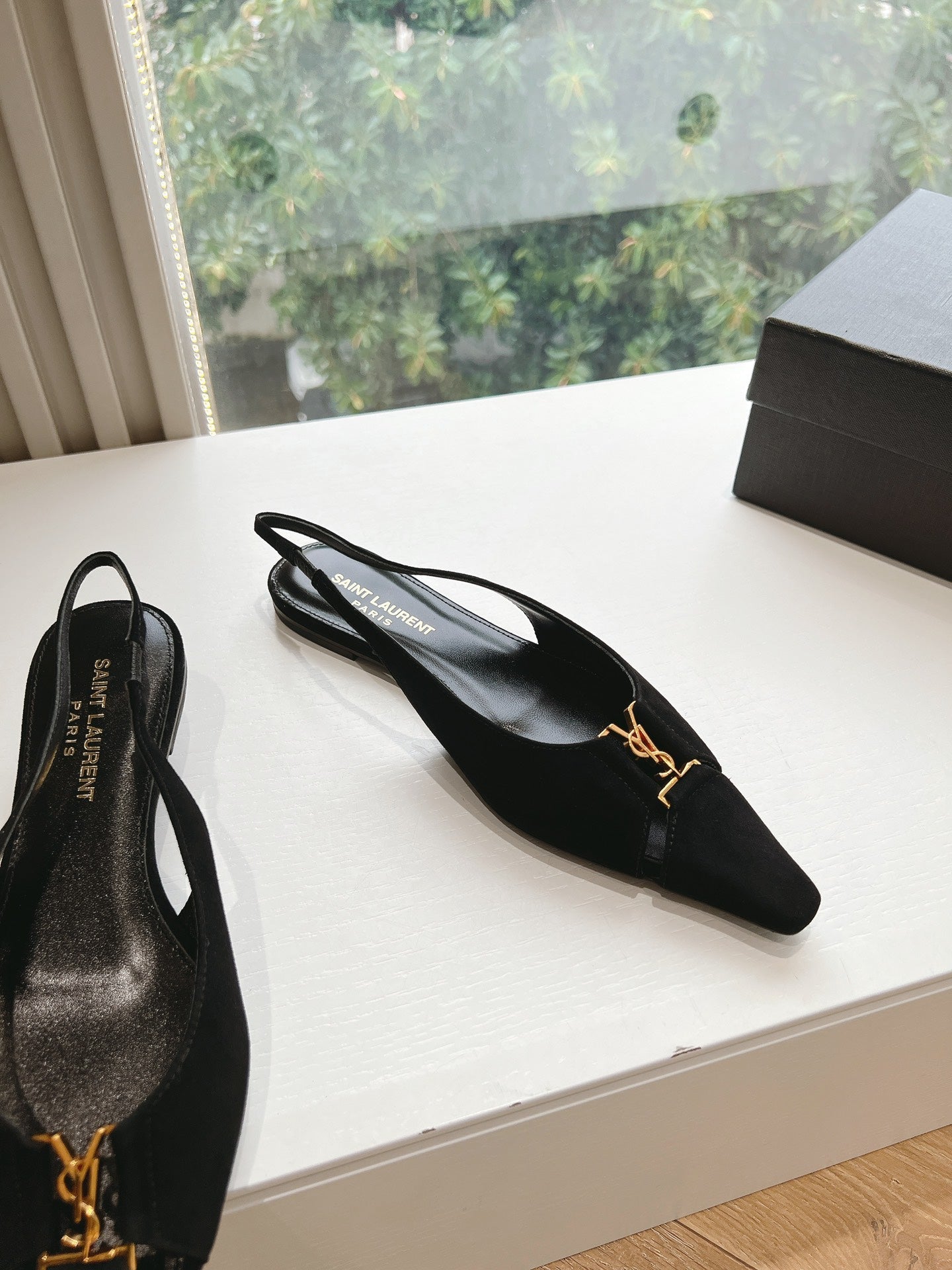 SL BABYLONE SLINGBACK FLAT BLACK SATIN