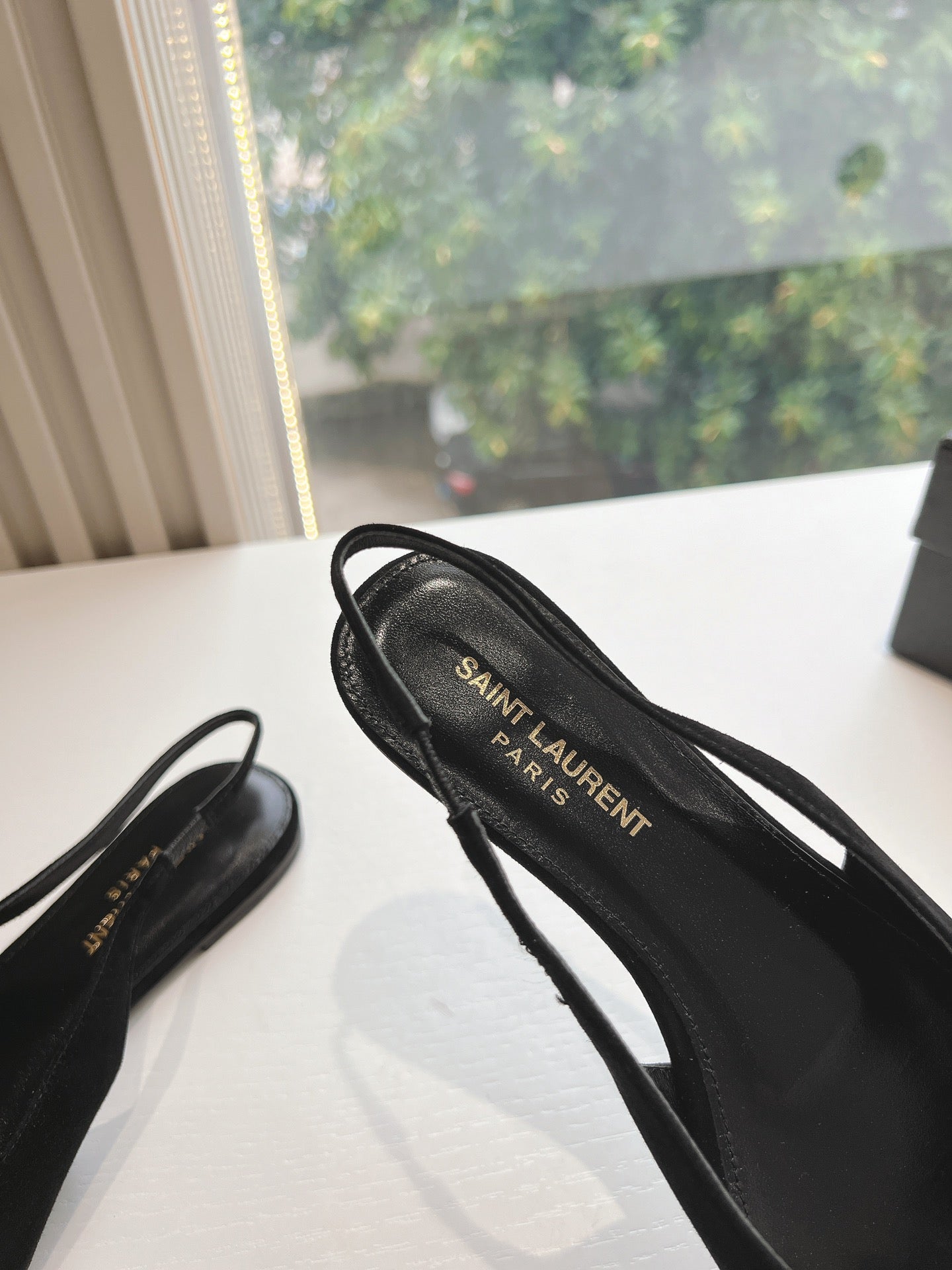 SL BABYLONE SLINGBACK FLAT BLACK SATIN