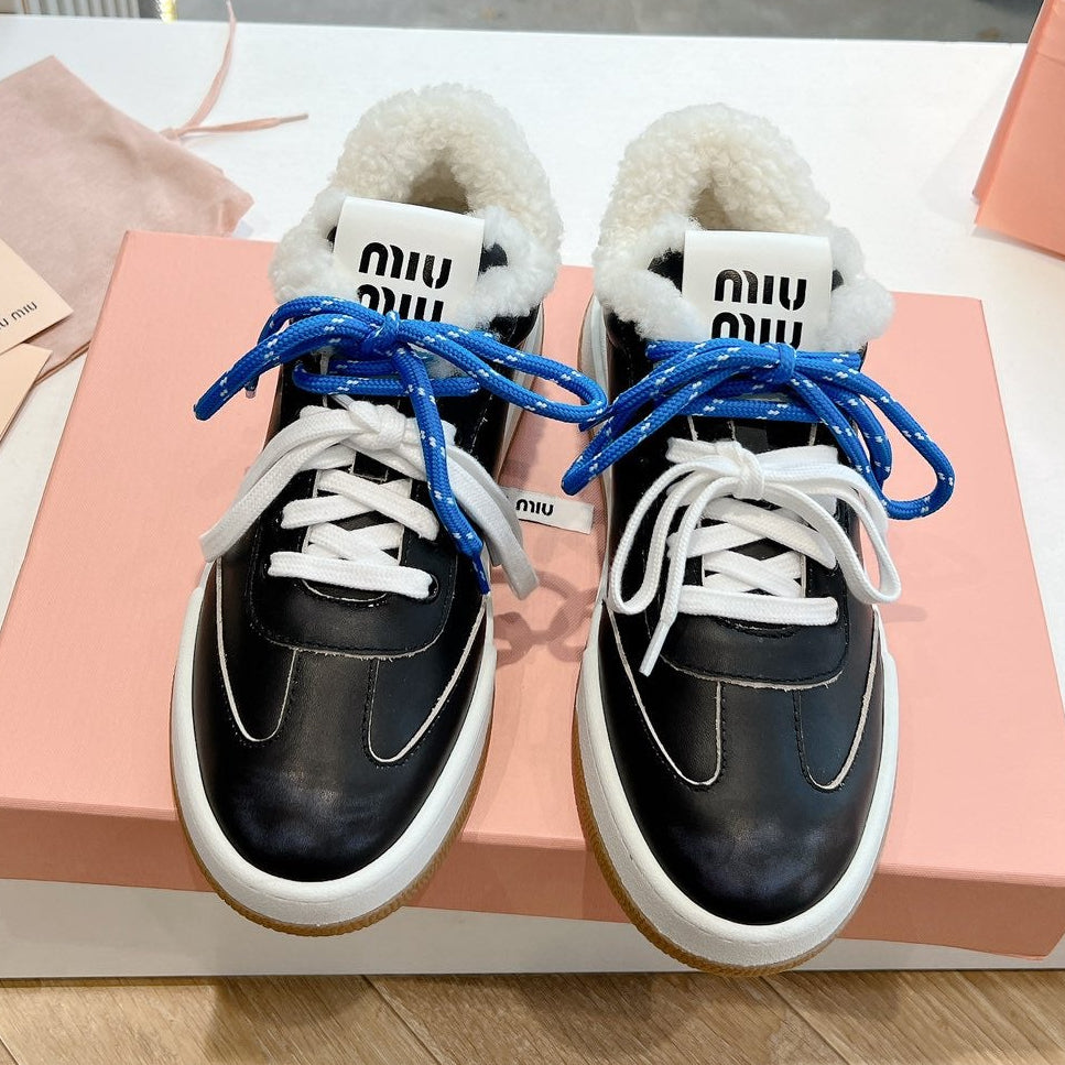Miumiu 25 Platform Sneakers Black Blue Cowhide Wool 549098