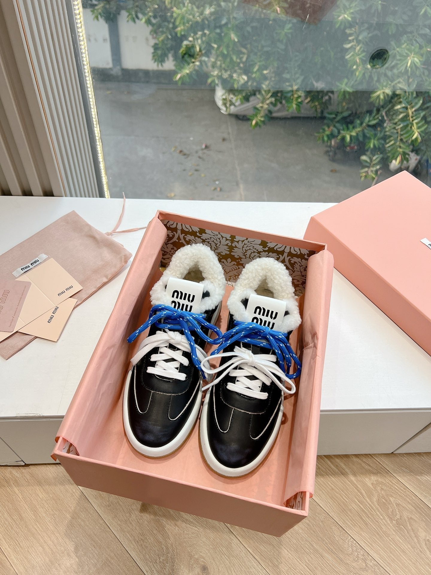 Miumiu 25 Platform Sneakers Black Blue Cowhide Wool 549098