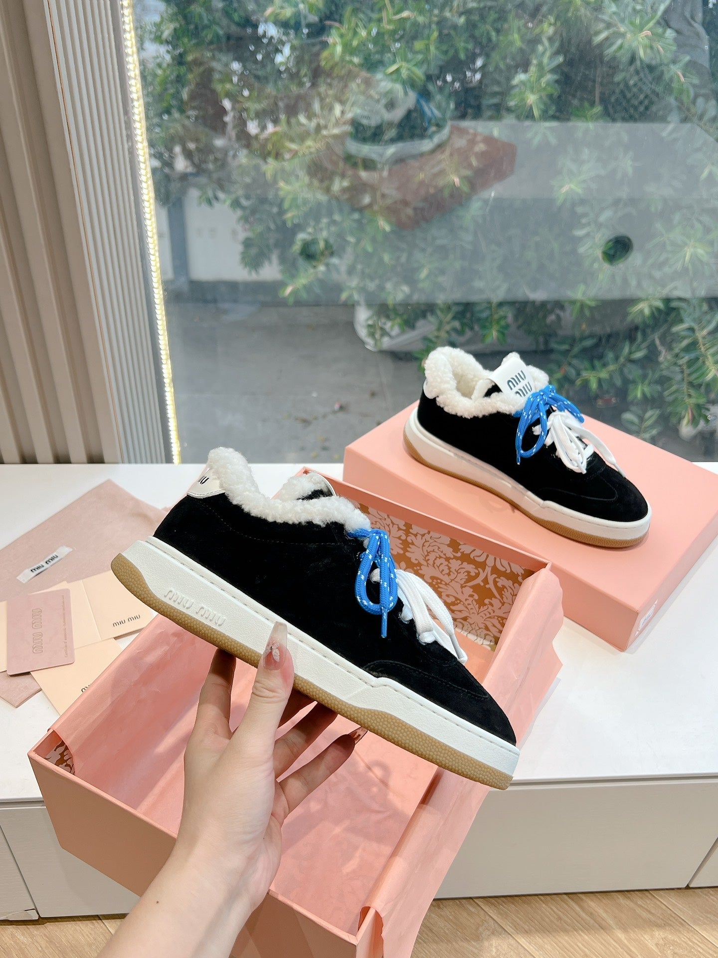 Miumiu 25 Platform Sneakers Black Blue Suede Wool 549099