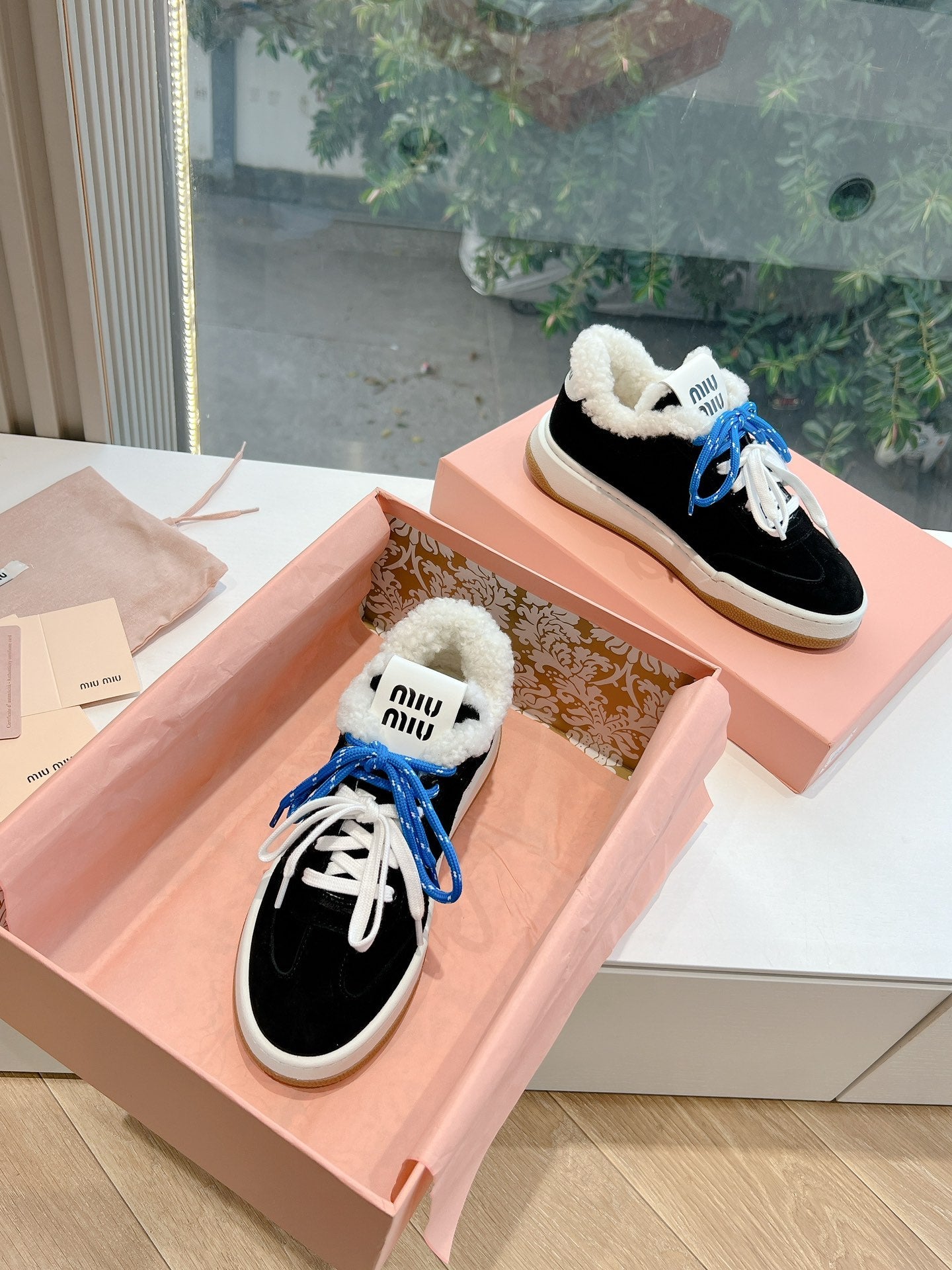 Miumiu 25 Platform Sneakers Black Blue Suede Wool 549099