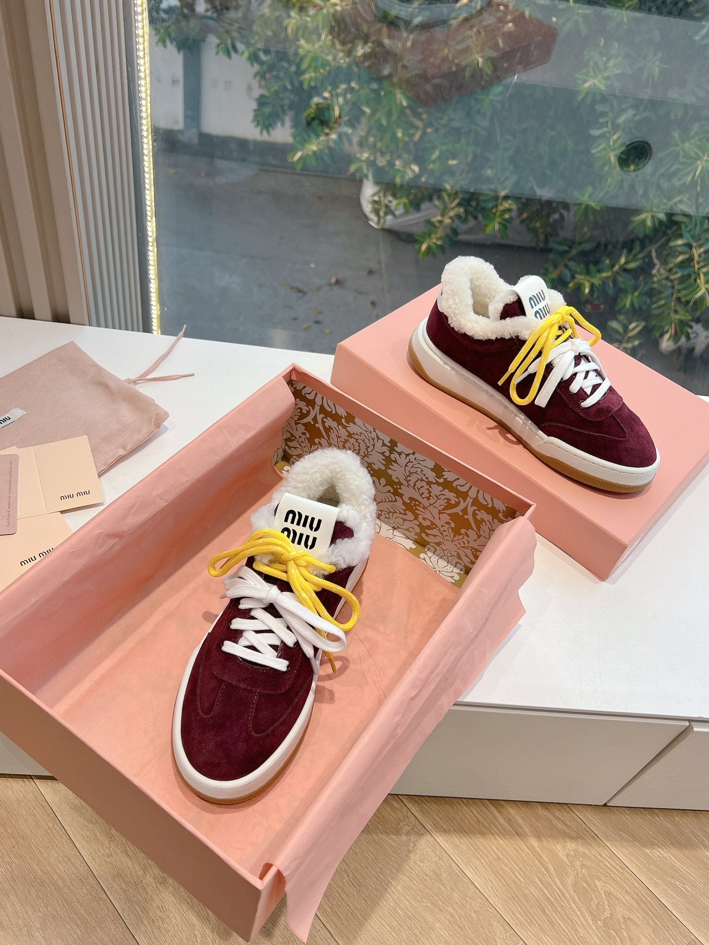 Miumiu 25 Platform Sneakers Burgundy Yellow Suede Wool 549102