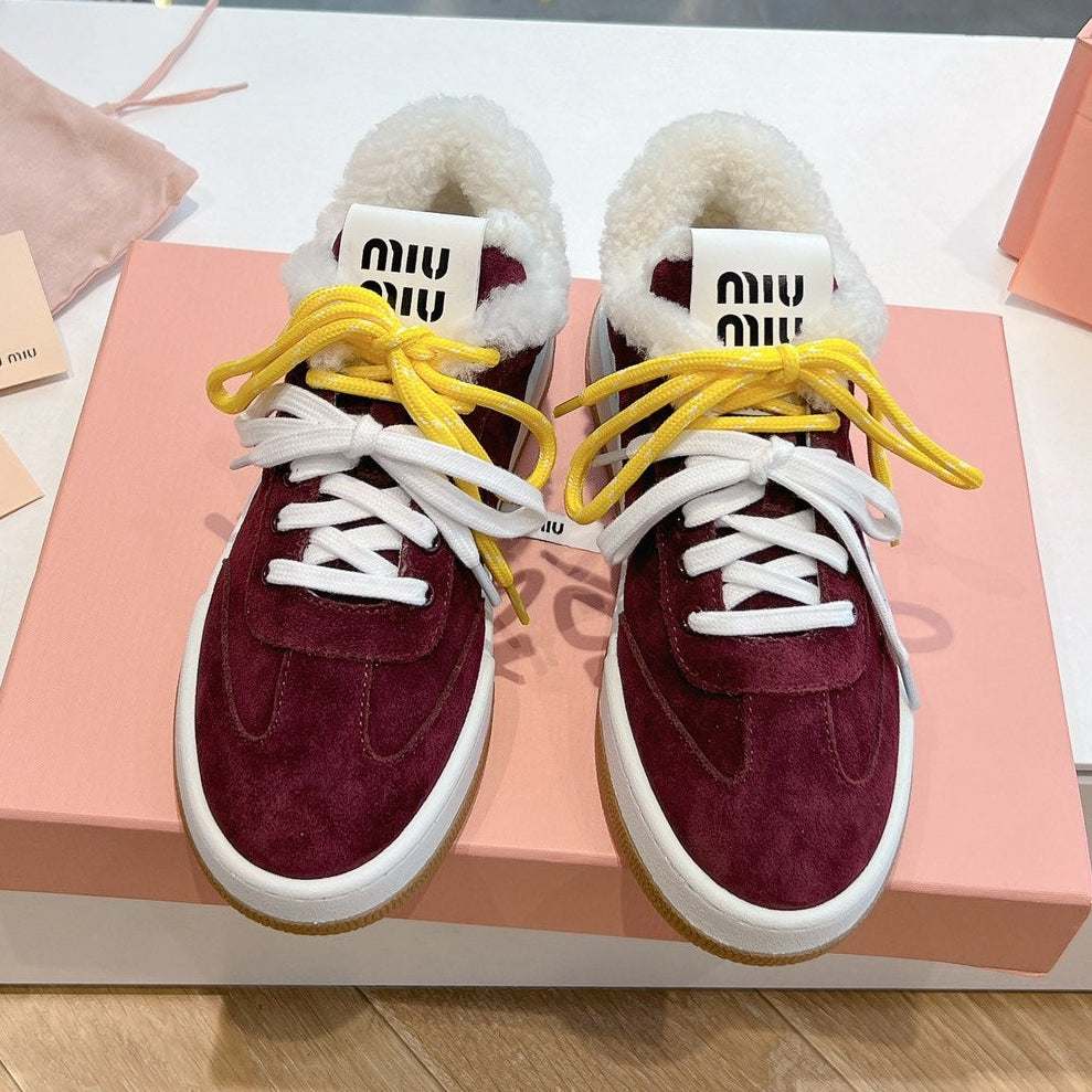 Miumiu 25 Platform Sneakers Burgundy Yellow Suede Wool 549102