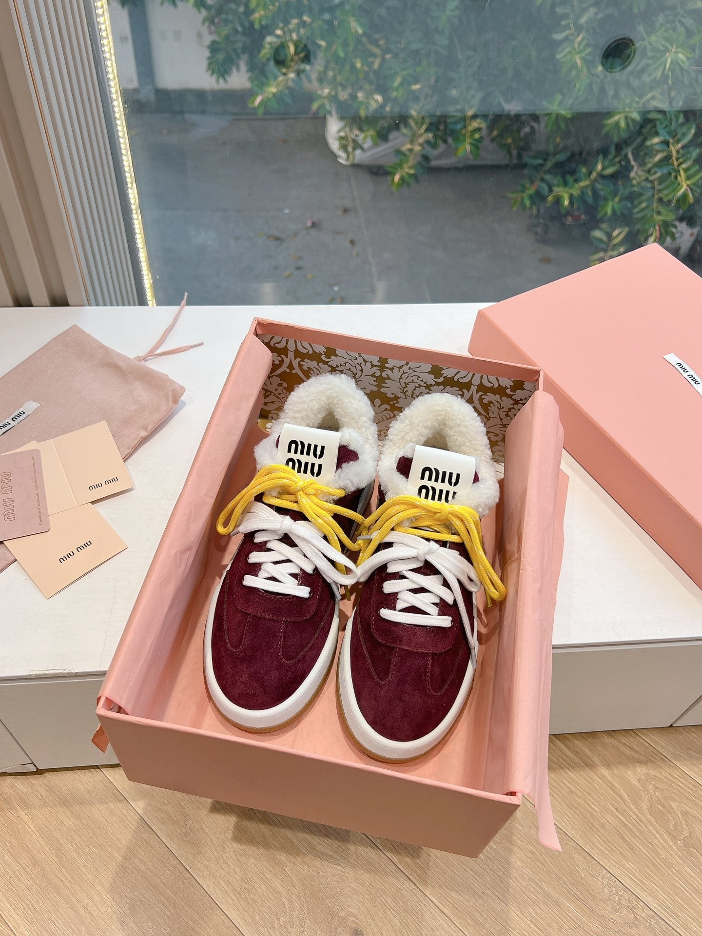 Miumiu 25 Platform Sneakers Burgundy Yellow Suede Wool 549102