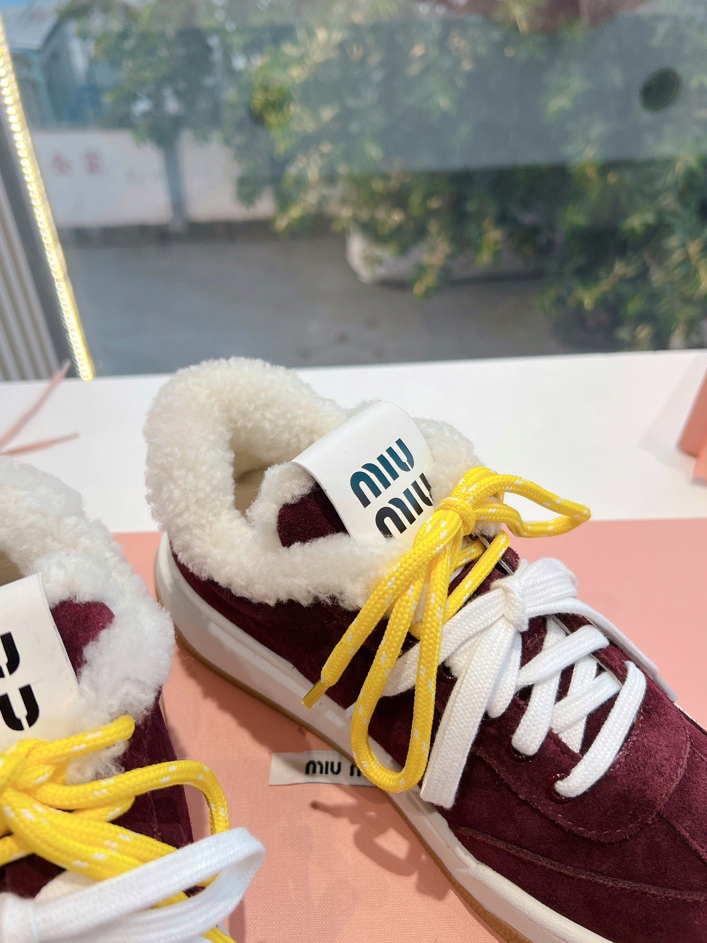 Miumiu 25 Platform Sneakers Burgundy Yellow Suede Wool 549102