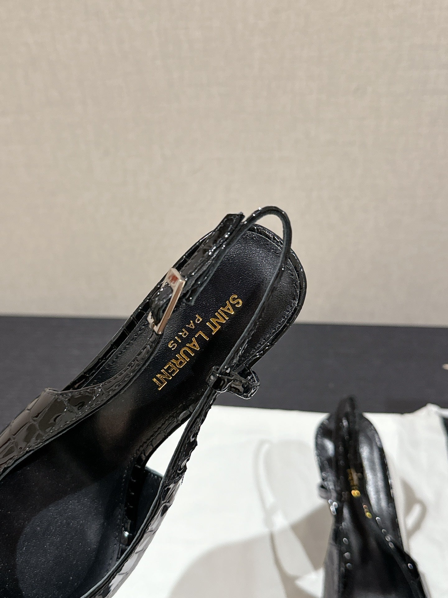 SL CHERISH CROCODILE SLINGBACK PUMP 75 BLACK CALFSKIN