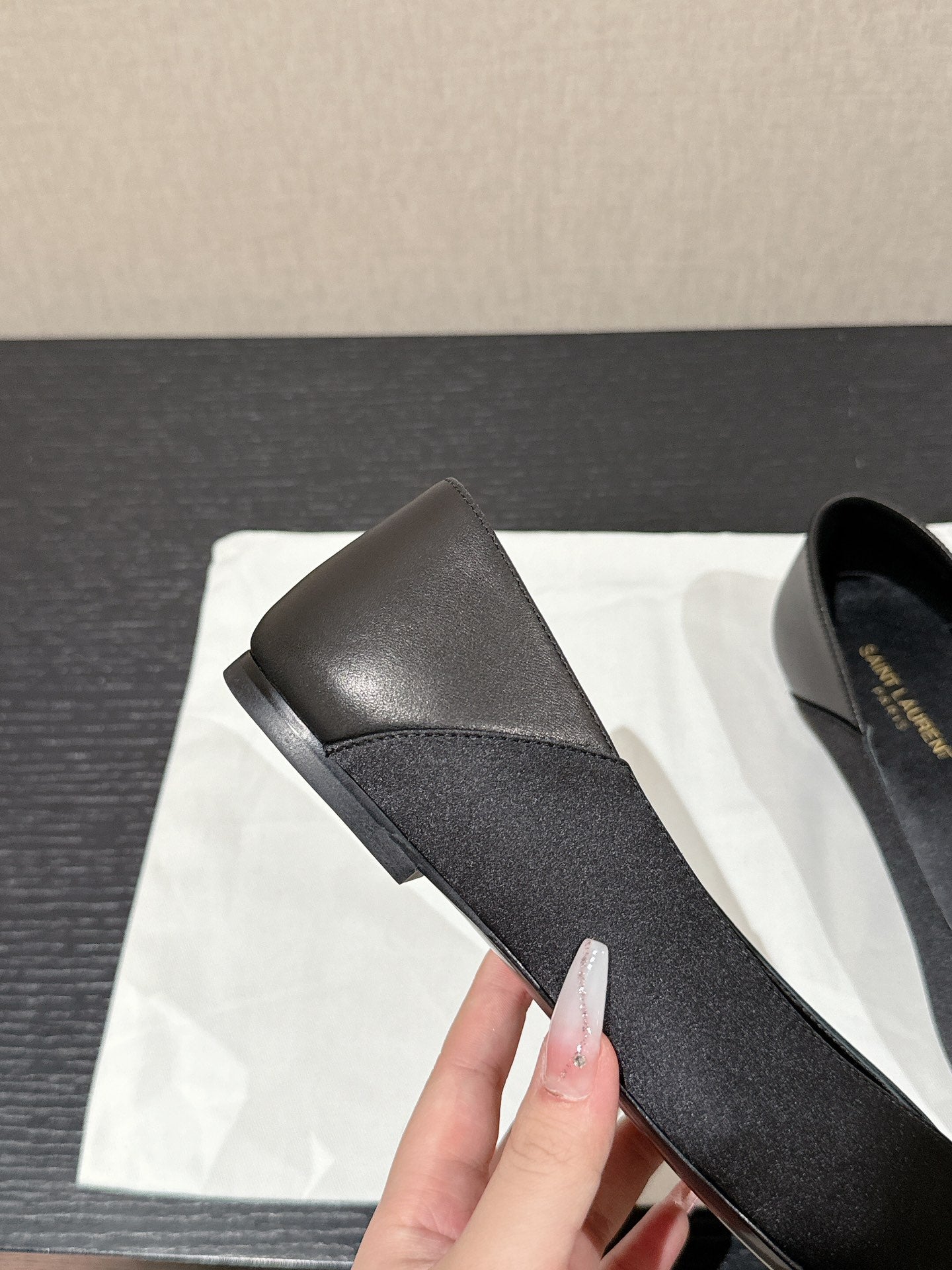 SL NOUR POINTED TOE BALLET BLACK SATIN