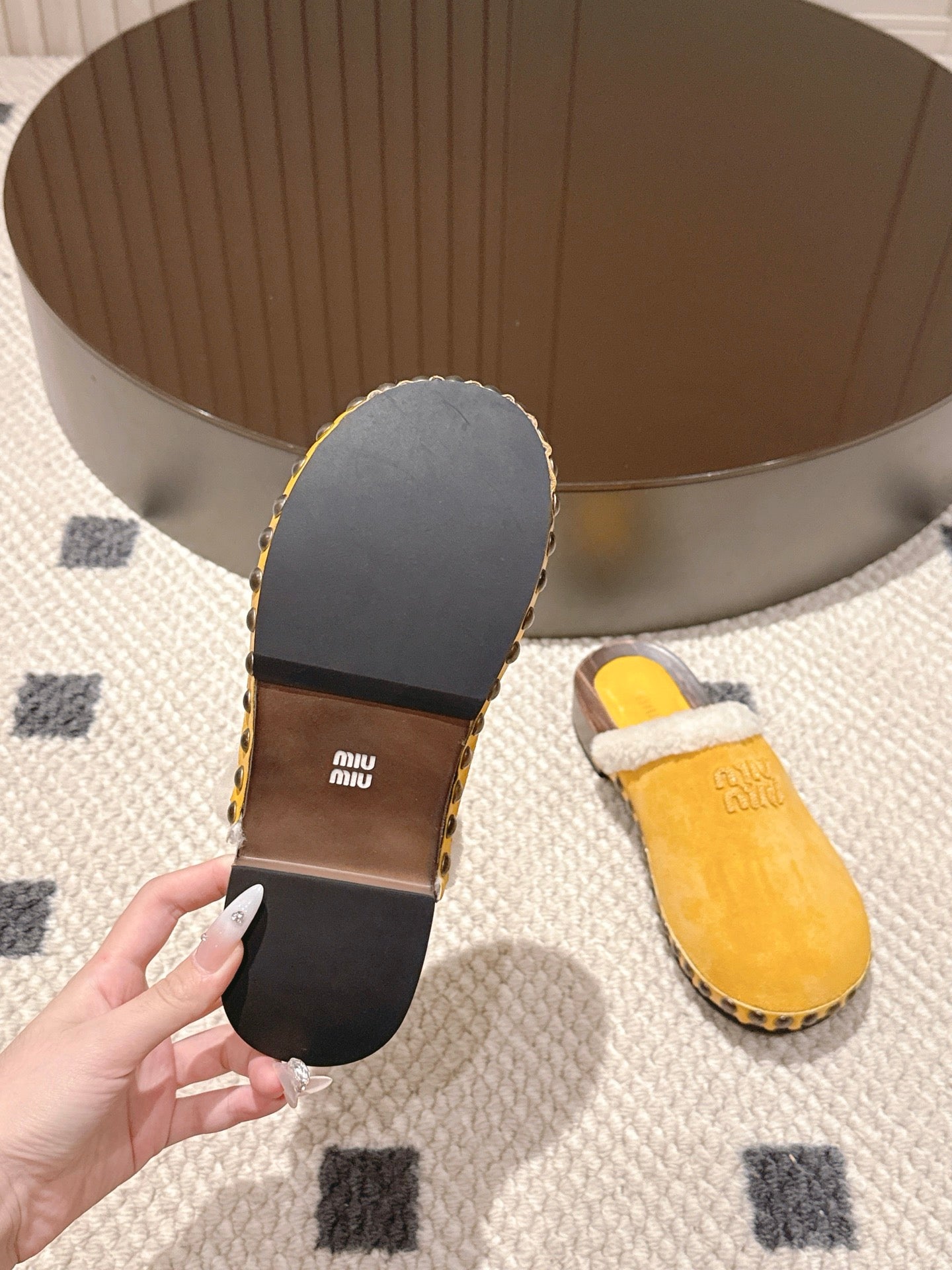 Miumiu 25 Shearling-trimmed Slipper Yellow Suede Wool 547577