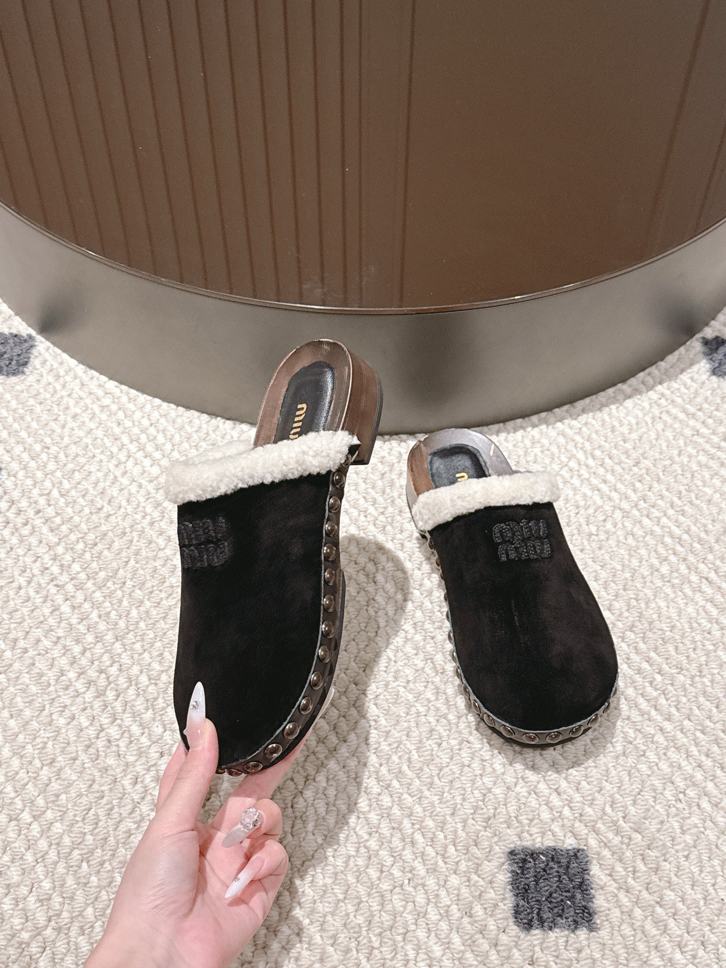 Miumiu 25 Shearling-trimmed Slipper Black Suede Wool 547578