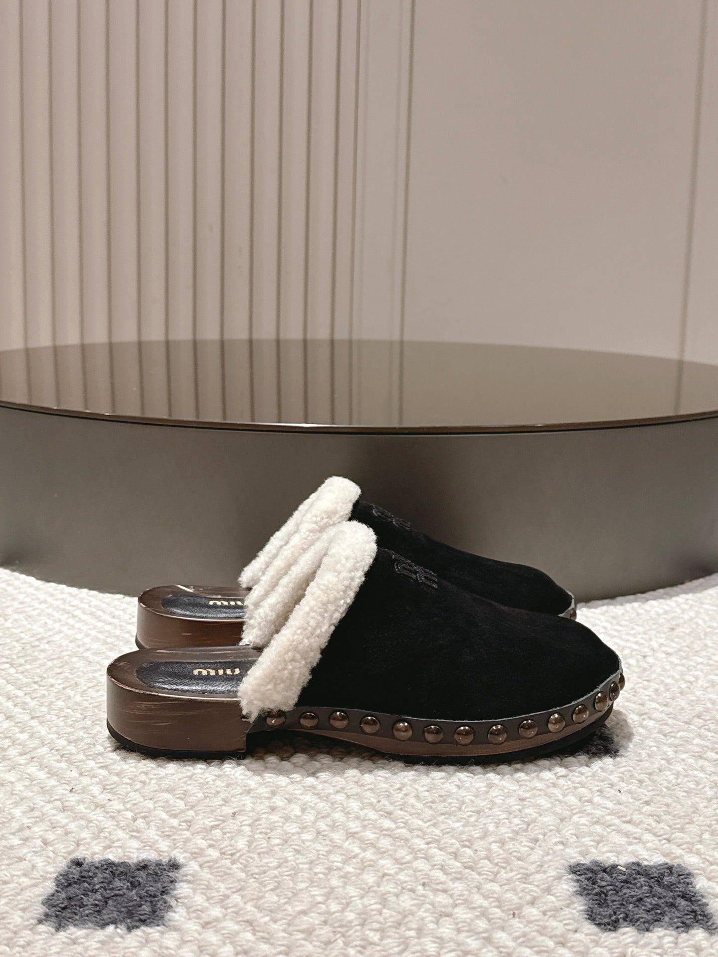 Miumiu 25 Shearling-trimmed Slipper Black Suede Wool 547578