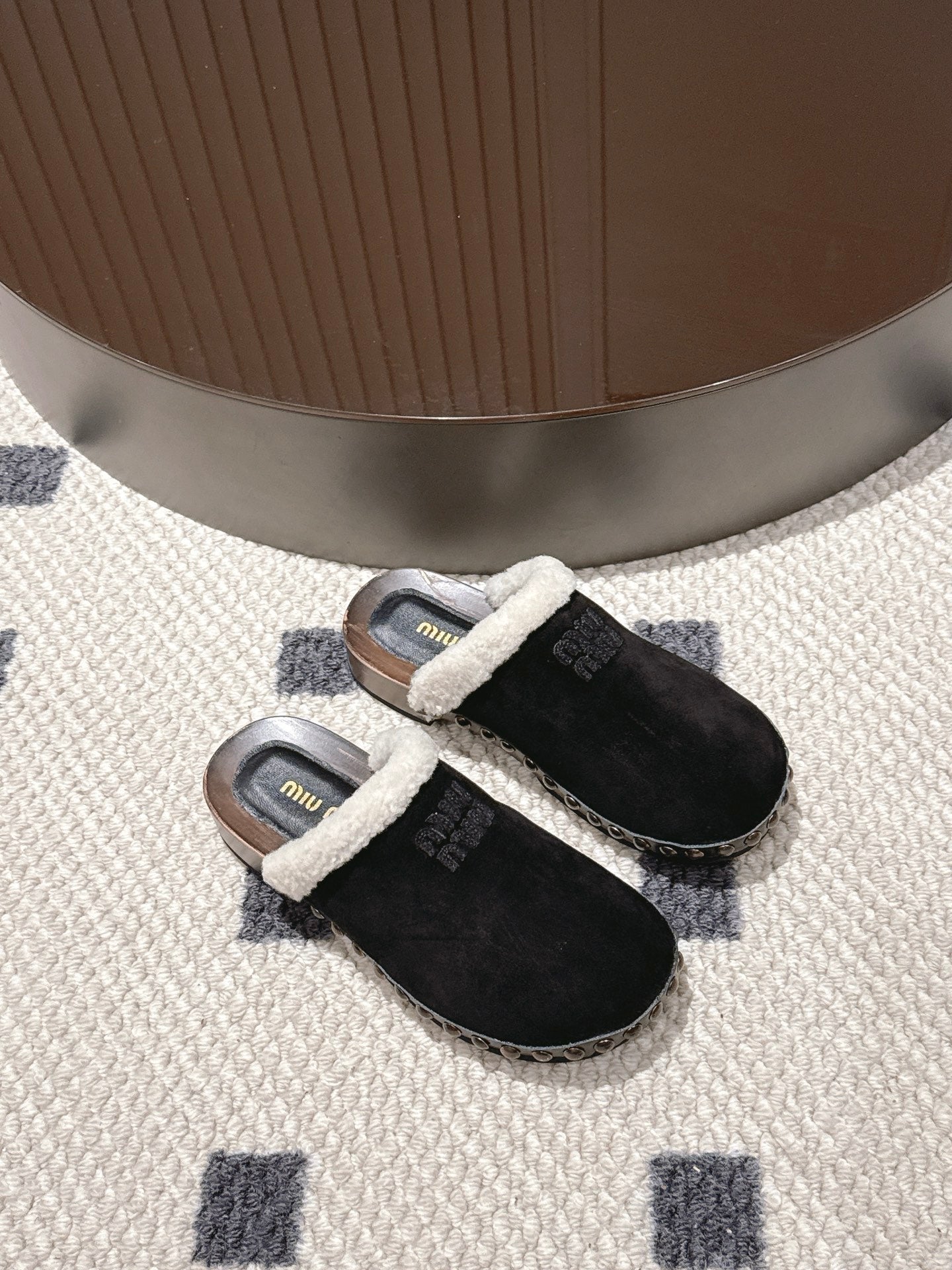 Miumiu 25 Shearling-trimmed Slipper Black Suede Wool 547578