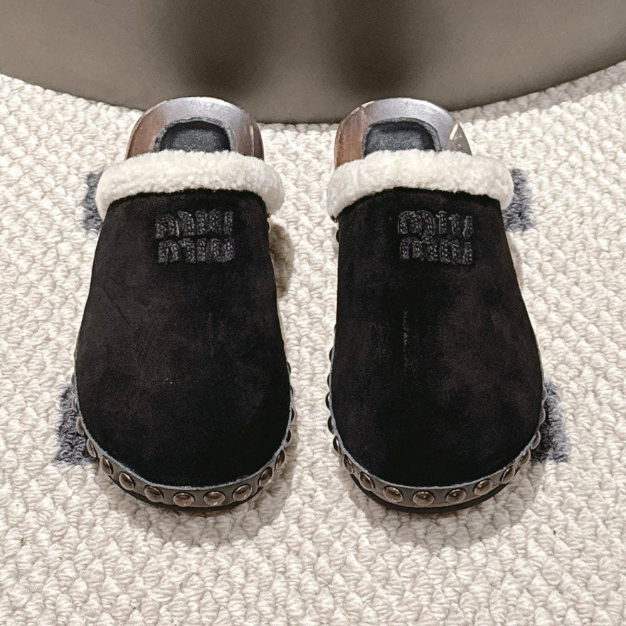 Miumiu 25 Shearling-trimmed Slipper Black Suede Wool 547578