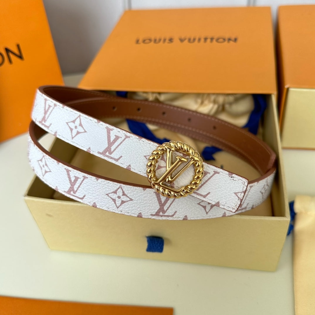 LV Circle Nautical 20mm Reversible Square End Tip Belt Gold Buckle Tan White lambskin