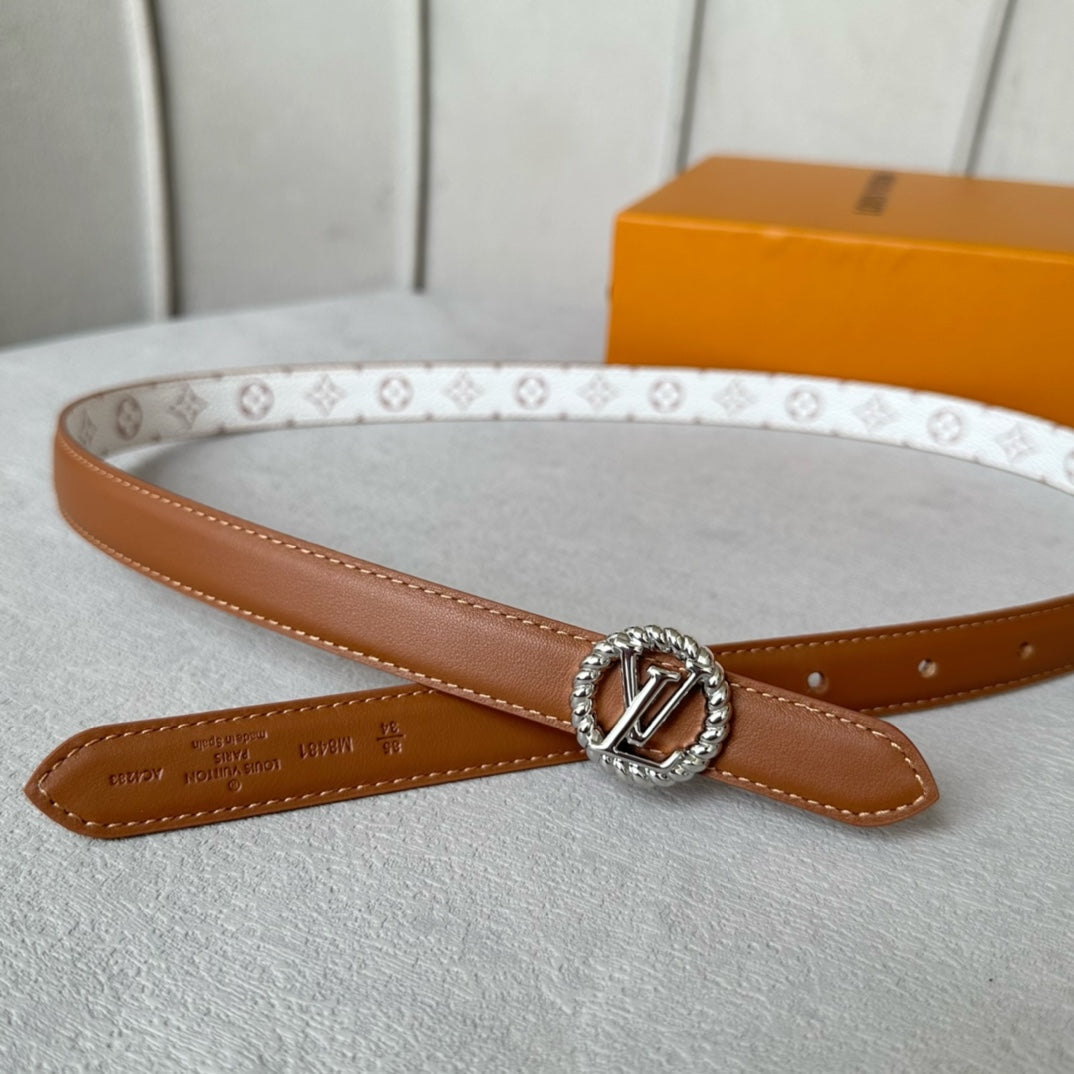 LV Circle Nautical 20mm Reversible Belt Silver Buckle Tan White Lambskin