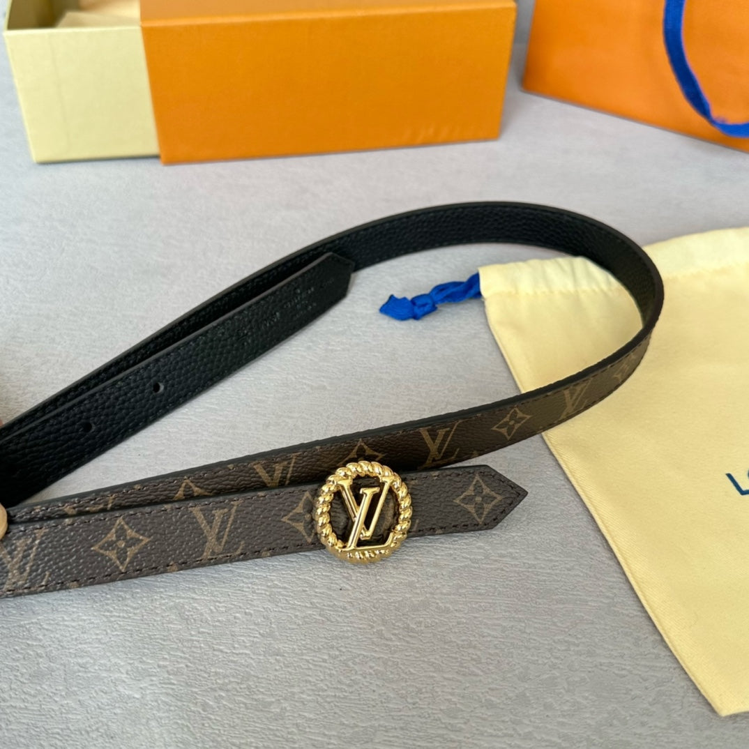LV Circle Nautical 20mm Reversible Belt Gold Buckle Black Brown Leather