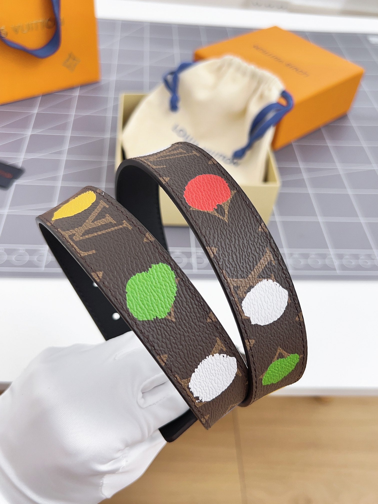 LV Bloom 30mm Mutilcolor Belt Silver Buckle Black Brown Leather