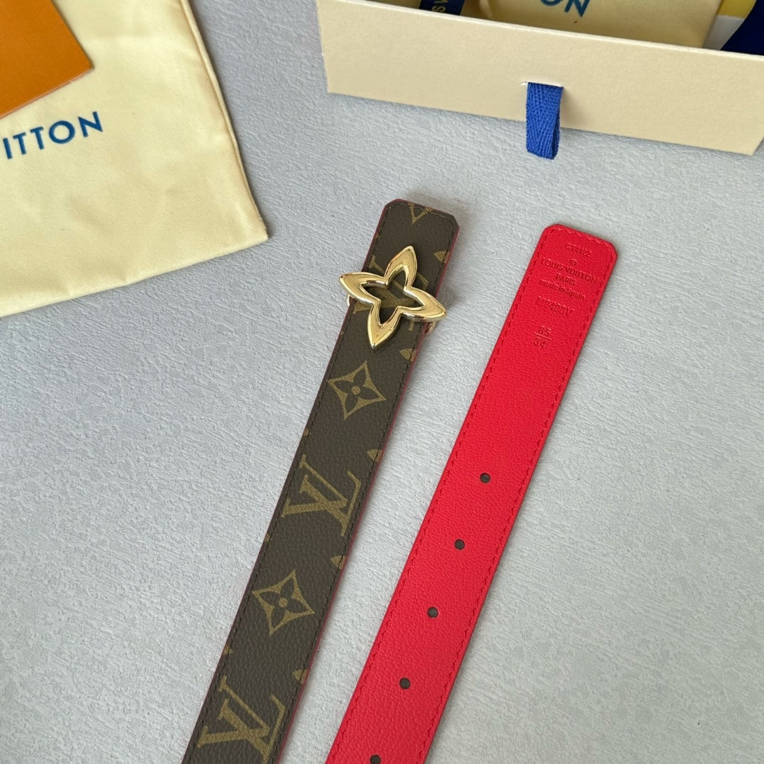 LV Flowergram 30mm Reversible Belt Gold Buckle Red Brown Leather