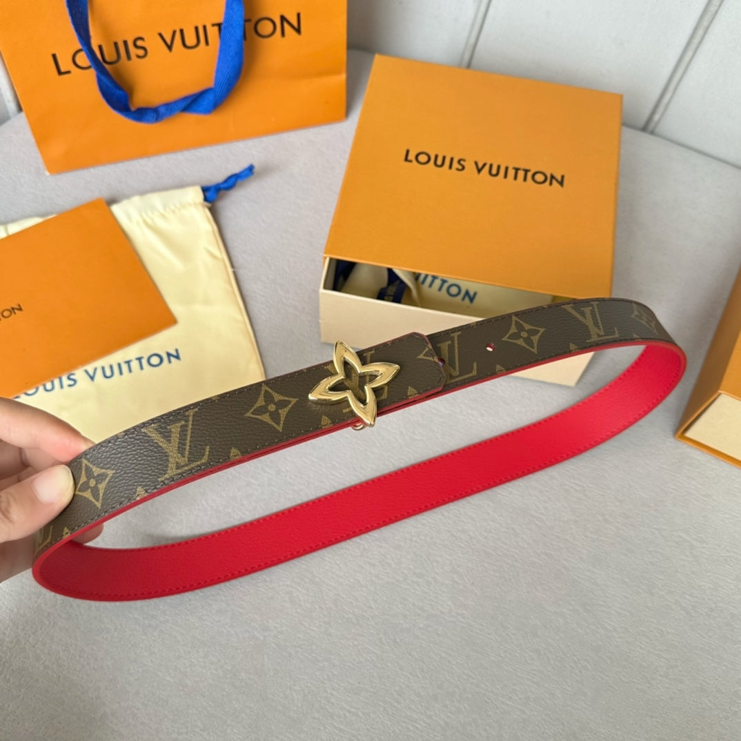 LV  MINI FLOWERGRAM 30MM REVERSIBLE BELT IN CHERRY RED CALFSKIN GOLD HARDWARE