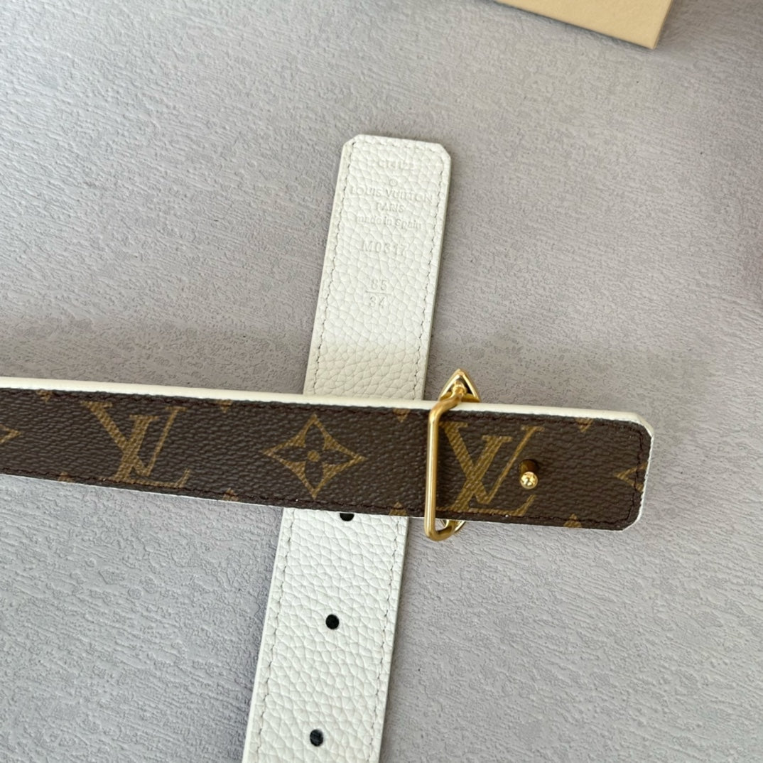 LV Flowergram 30mm Reversible Belt Gold Buckle White Brown Leather