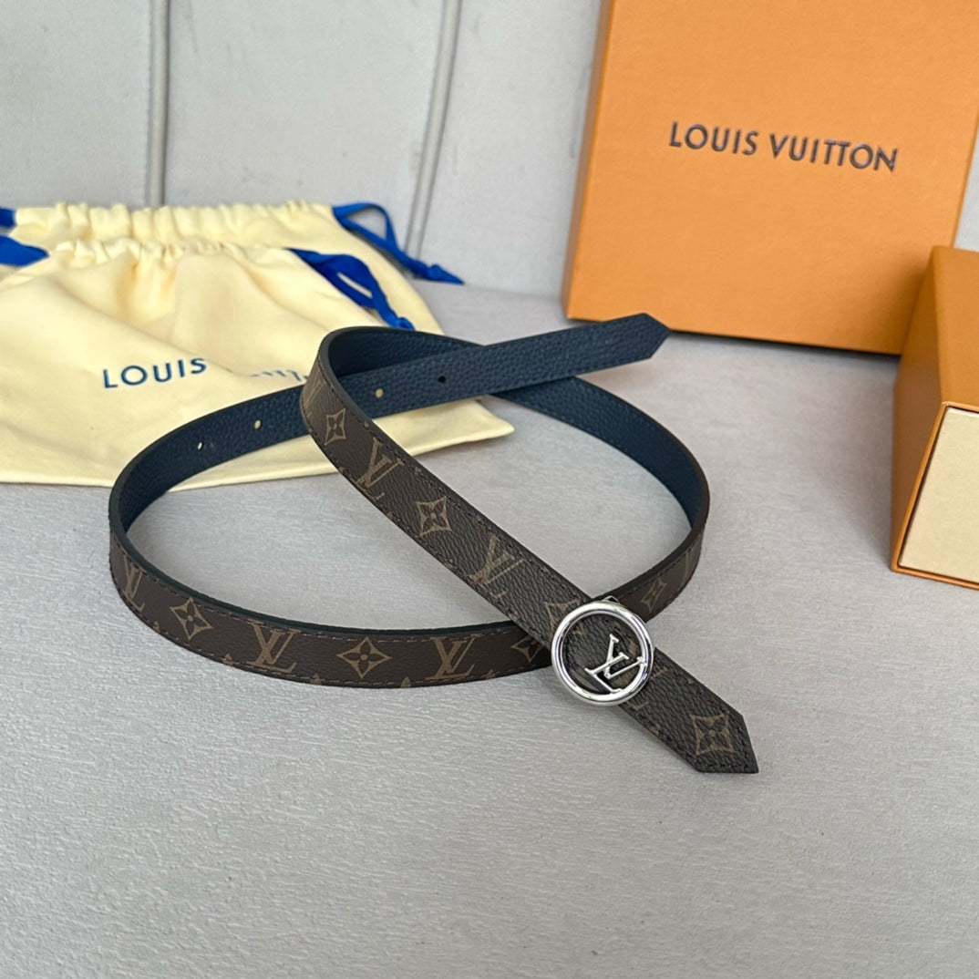 LV Circle 20mm Reversible Belt Silver Buckle Navy Blue Brown Leather
