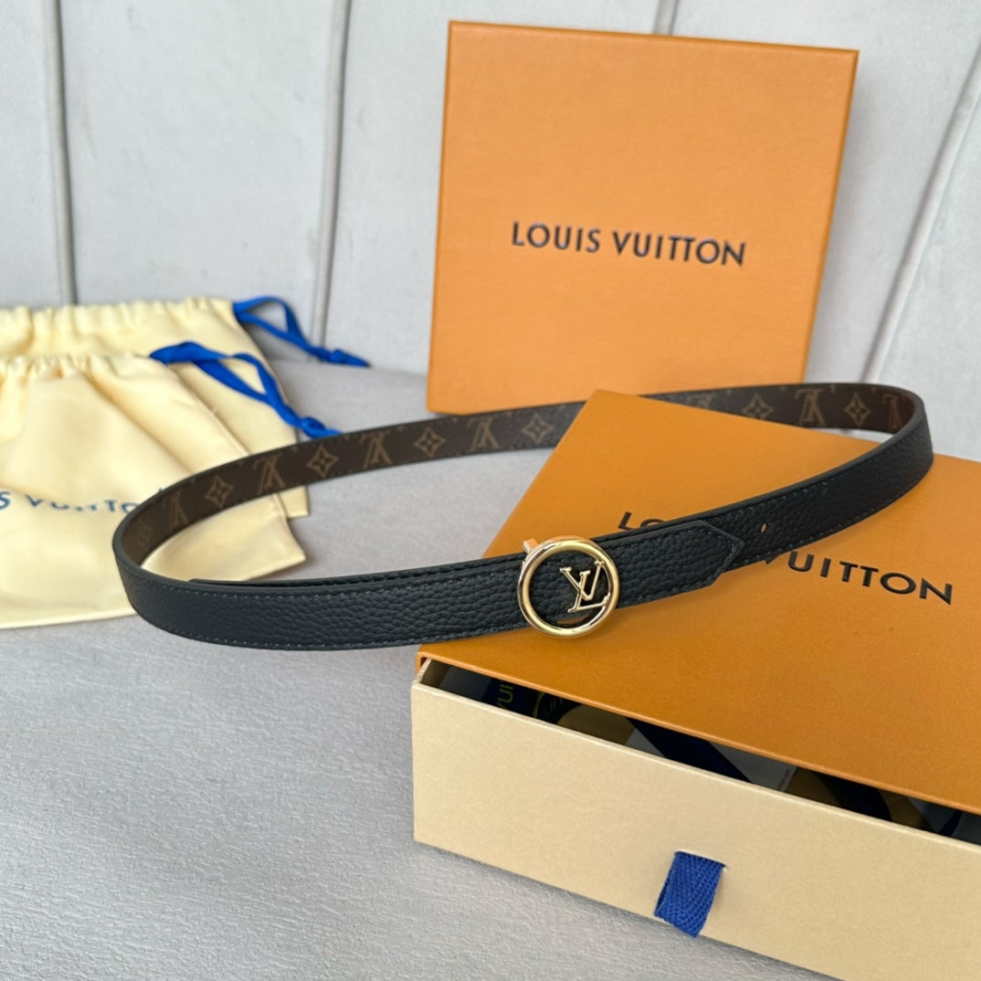 LV Circle 20mm Reversible Belt Gold Buckle Black Brown Leather