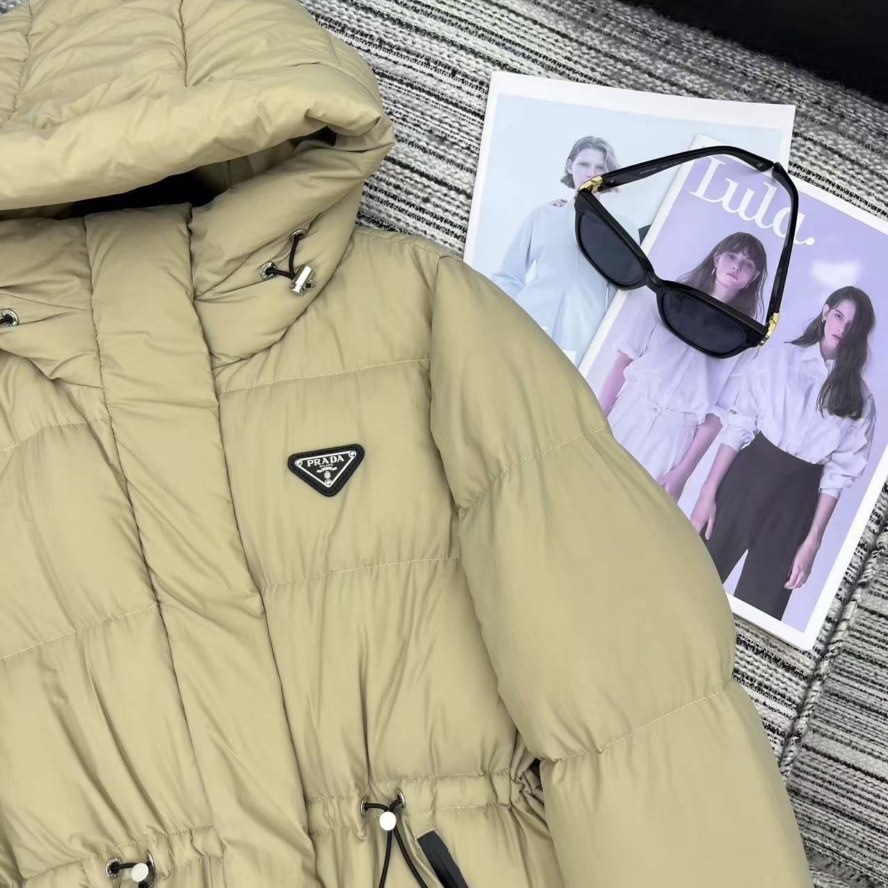 Prada 2025 Drawstring Waist Hooded Jacket Beige Down  Polyester