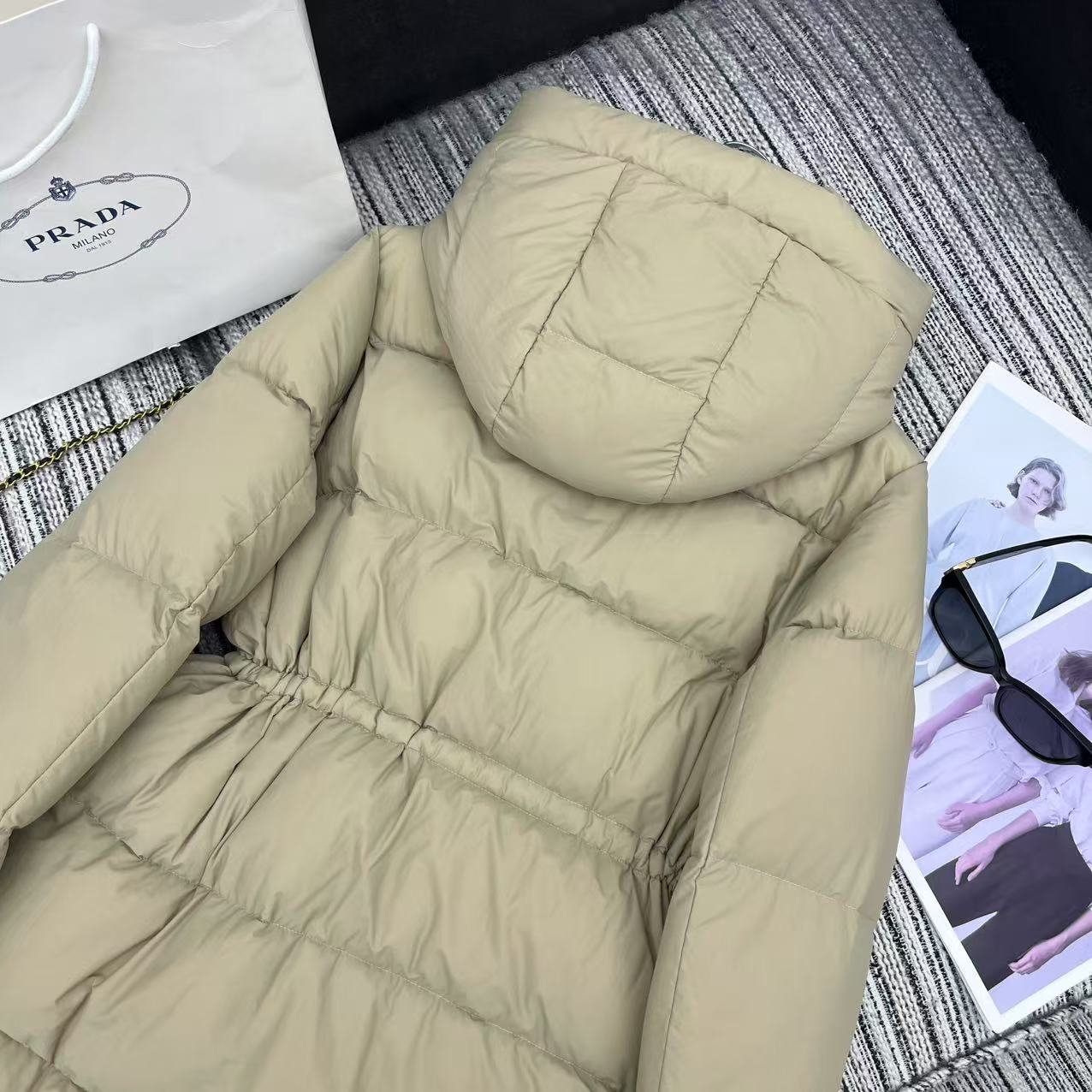 Prada 2025 Drawstring Waist Hooded Jacket Beige Down  Polyester