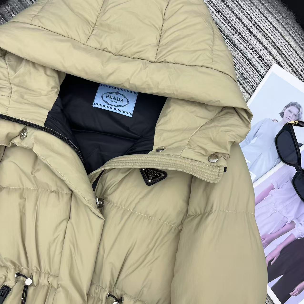 Prada 2025 Drawstring Waist Hooded Jacket Beige Down  Polyester