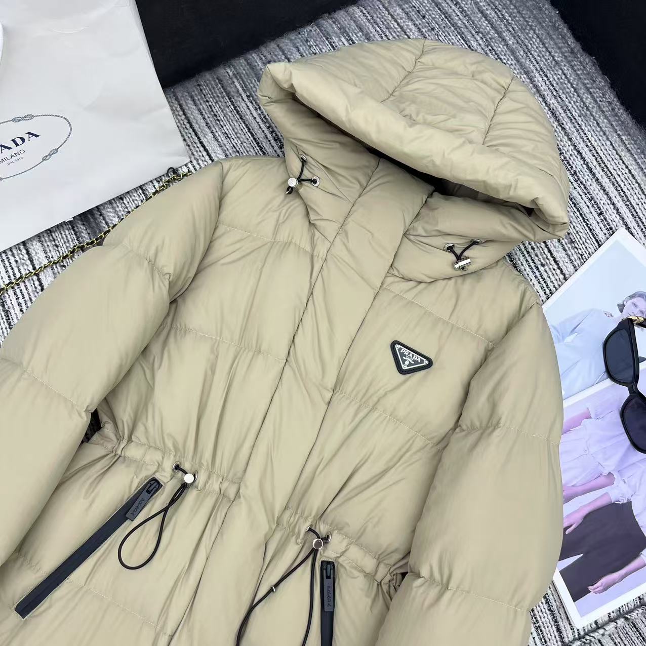 Prada 2025 Drawstring Waist Hooded Jacket Beige Down  Polyester