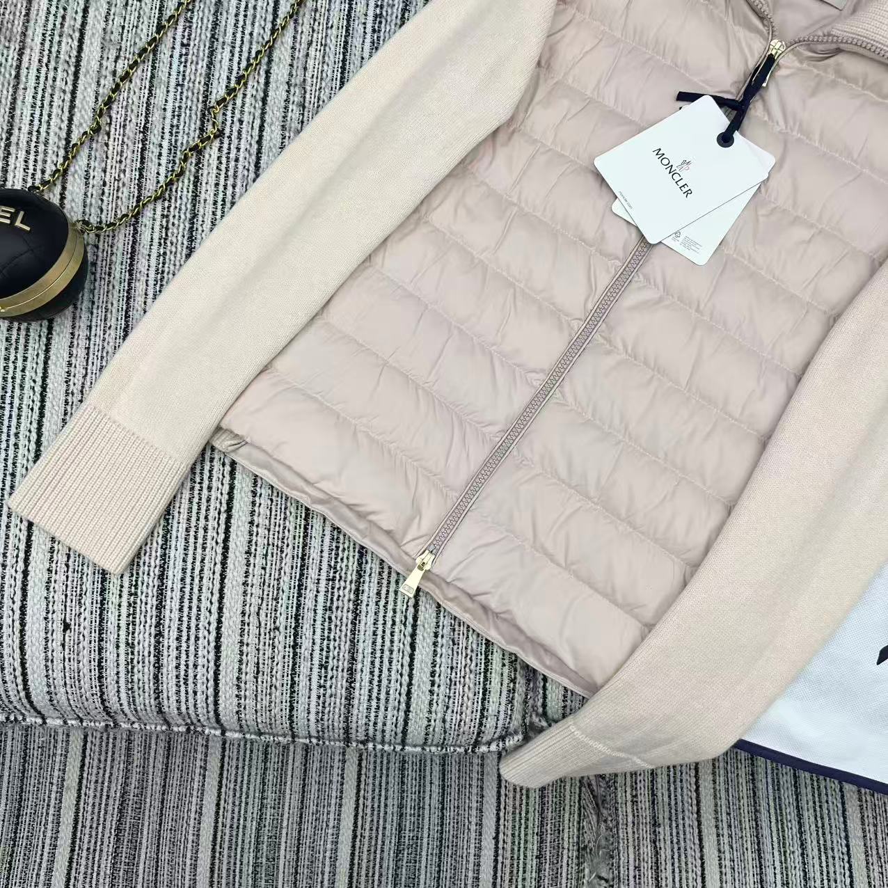 MC 2025 Quilted Knit-panel Puffer Jacket Nude Pink Polyester Wool 528746