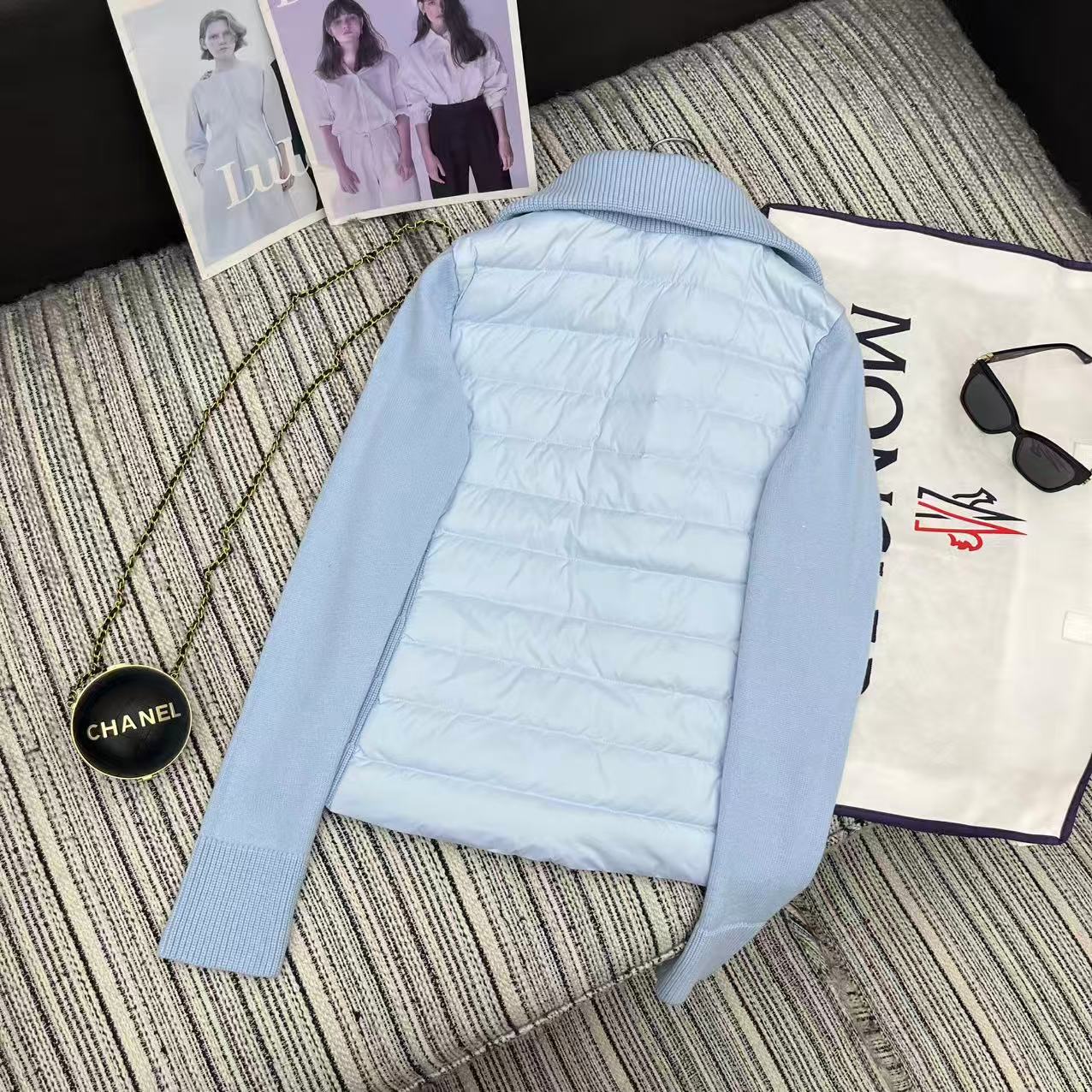 MC 2025 Quilted Knit-panel Puffer Jacket Sky Blue Polyester Wool 528745