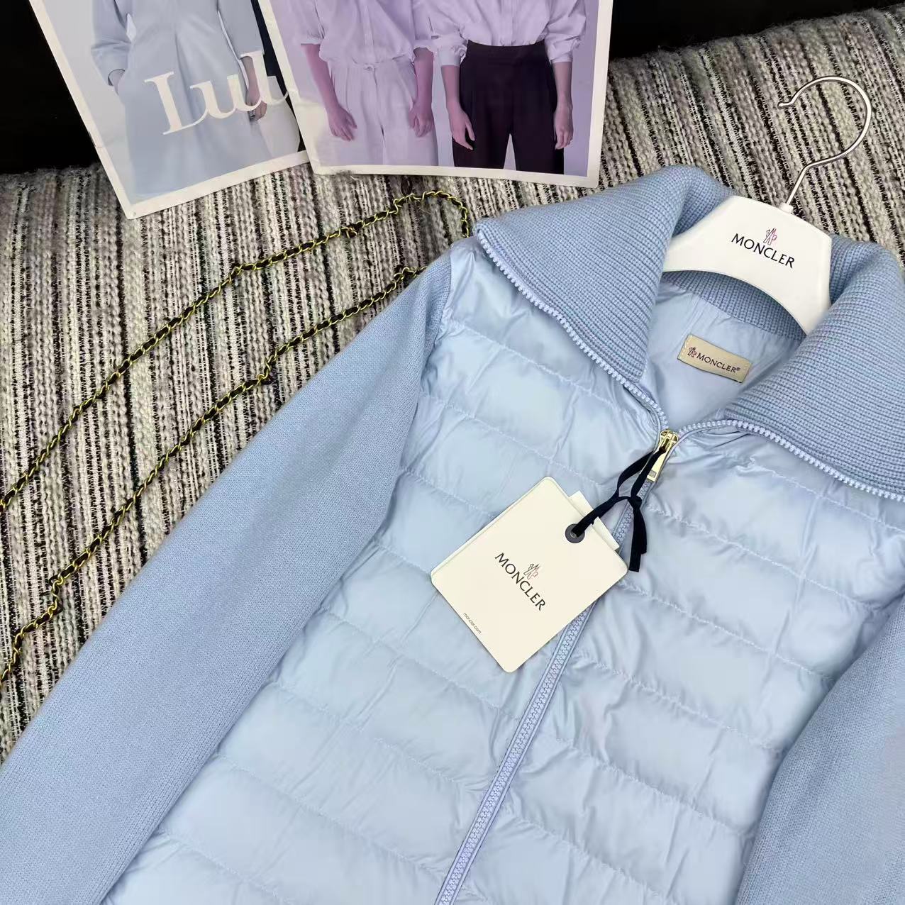 MC 2025 Quilted Knit-panel Puffer Jacket Sky Blue Polyester Wool 528745