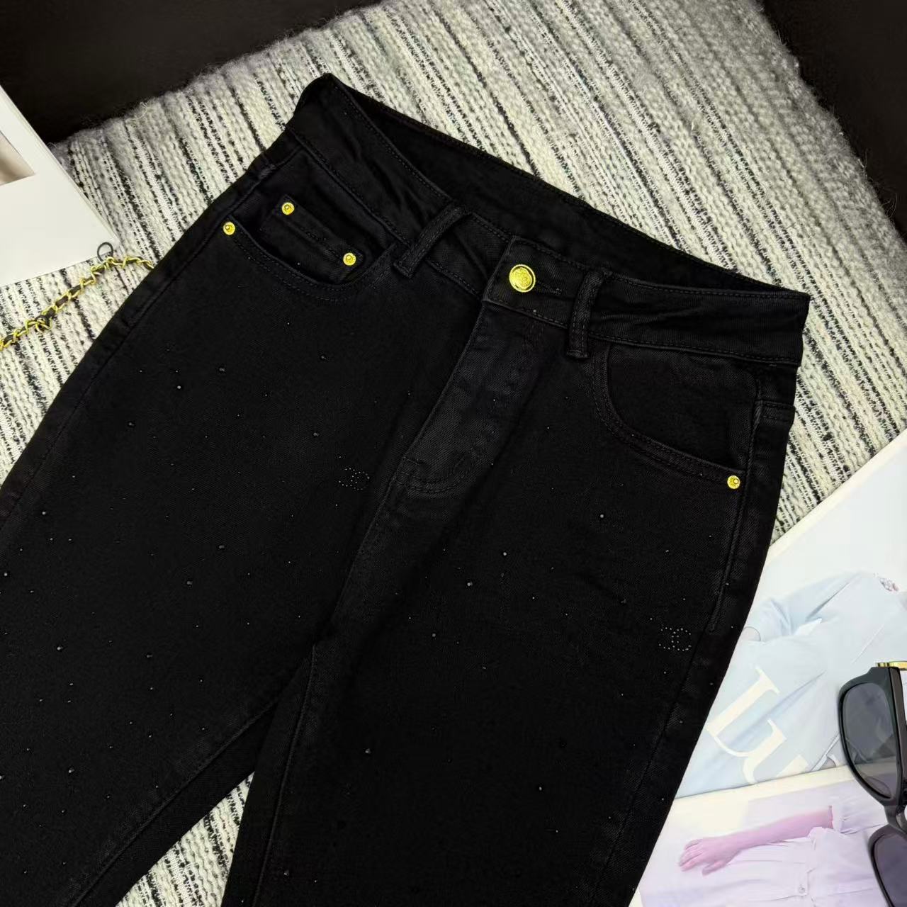 Chanel 2025 Rhinestone Flared Jeans Black Cotton 319004