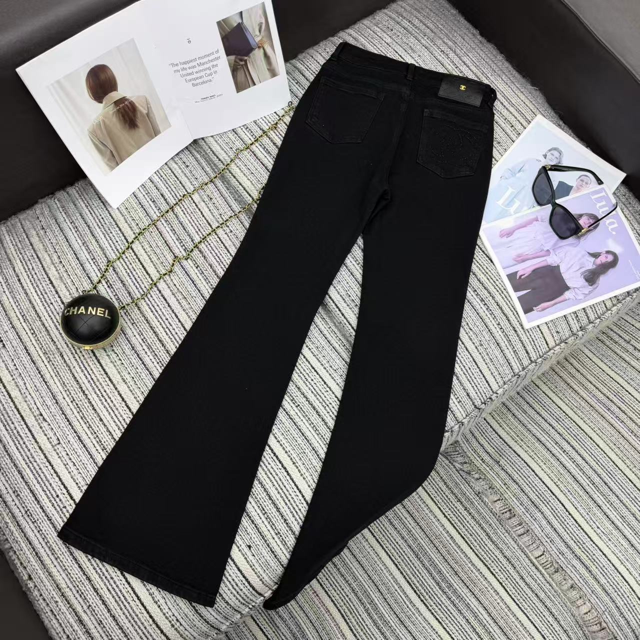 Chanel 2025 Rhinestone Flared Jeans Black Cotton 319004