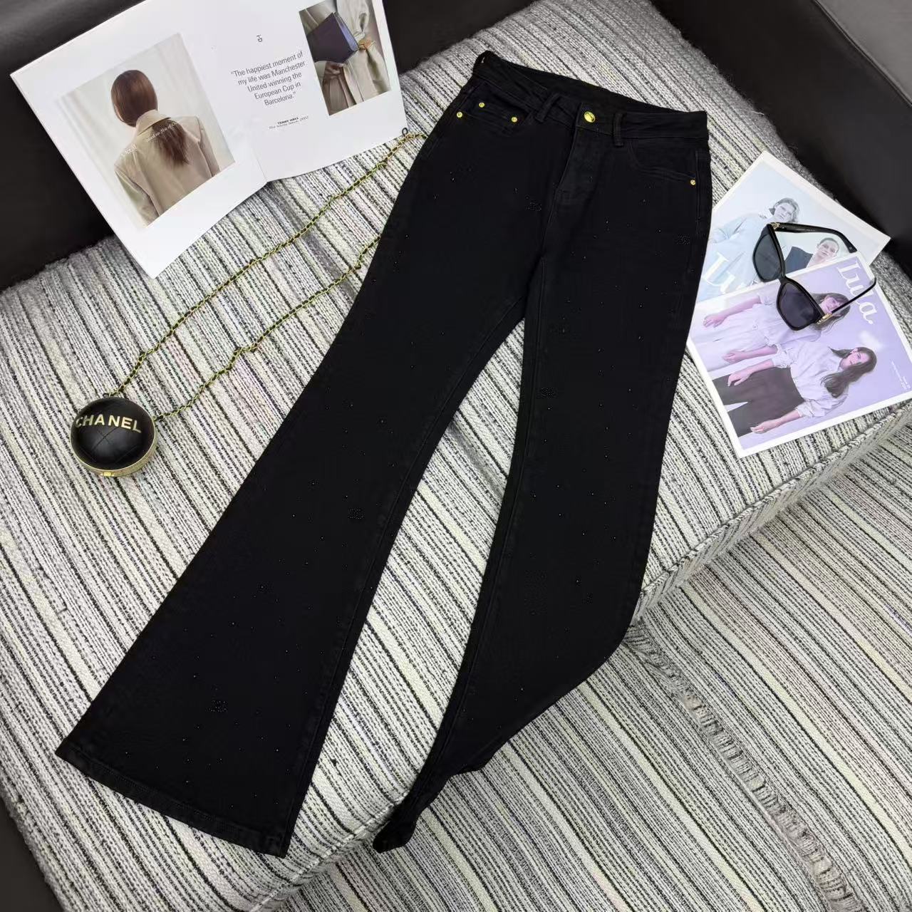Chanel 2025 Rhinestone Flared Jeans Black Cotton 319004