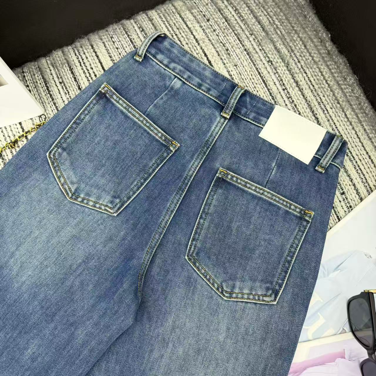 Chanel 2025 Double C Logo Beaded Straight-leg Jeans Blue Cotton 319001