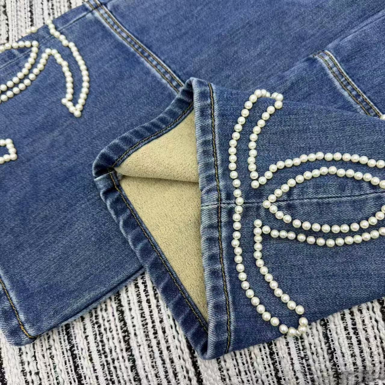 Chanel 2025 Double C Logo Beaded Straight-leg Jeans Blue Cotton 319001