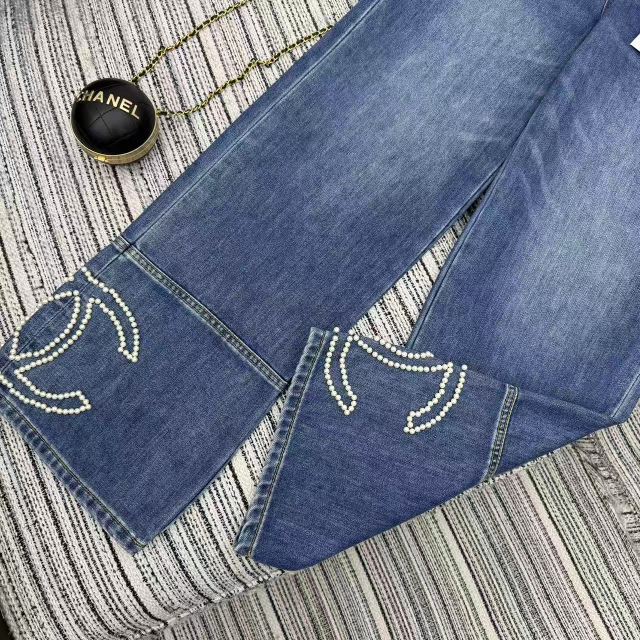 Chanel 2025 Double C Logo Beaded Straight-leg Jeans Blue Cotton 319001