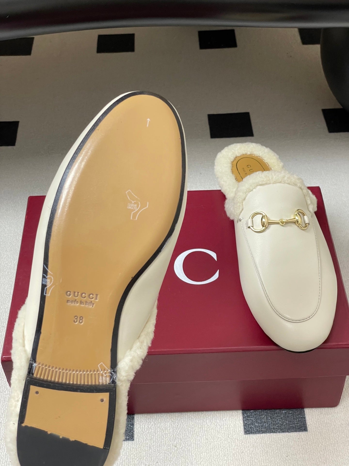 GG horsebit flat mules white cowhide 534712