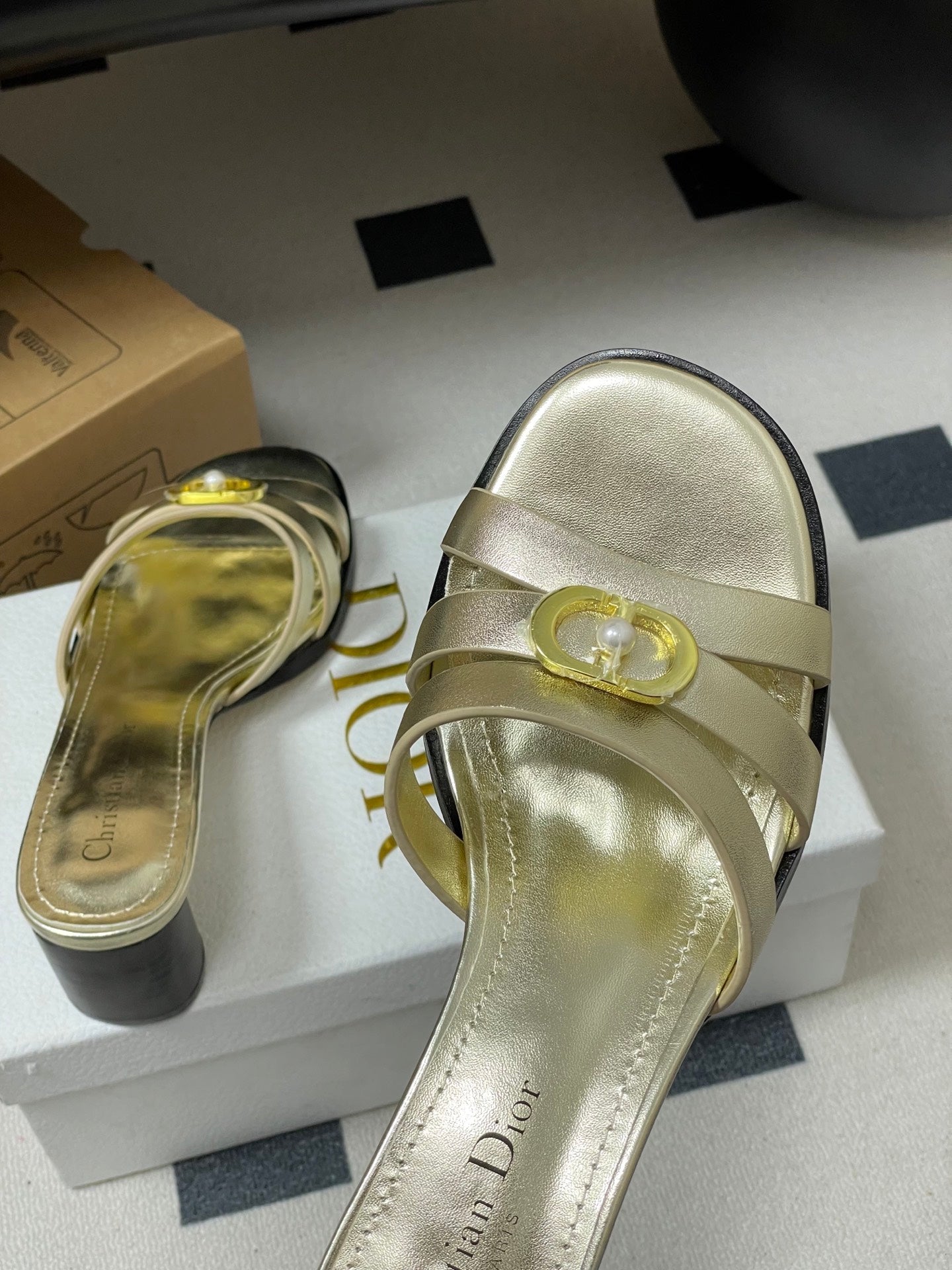 CD 26 Chunky Heel Sandals 50 Metallic Gold Leather 593521