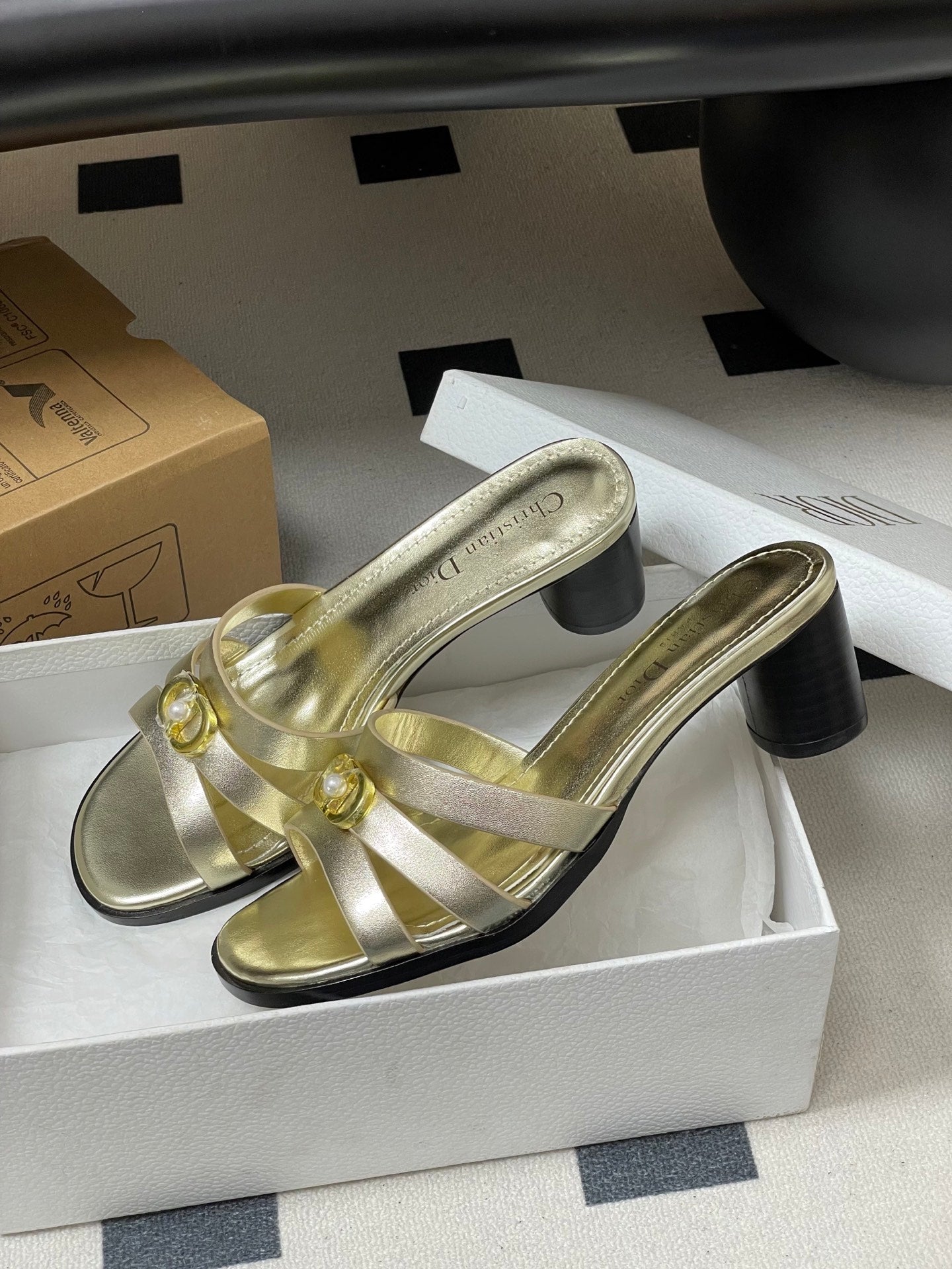 CD 26 Chunky Heel Sandals 50 Metallic Gold Leather 593521