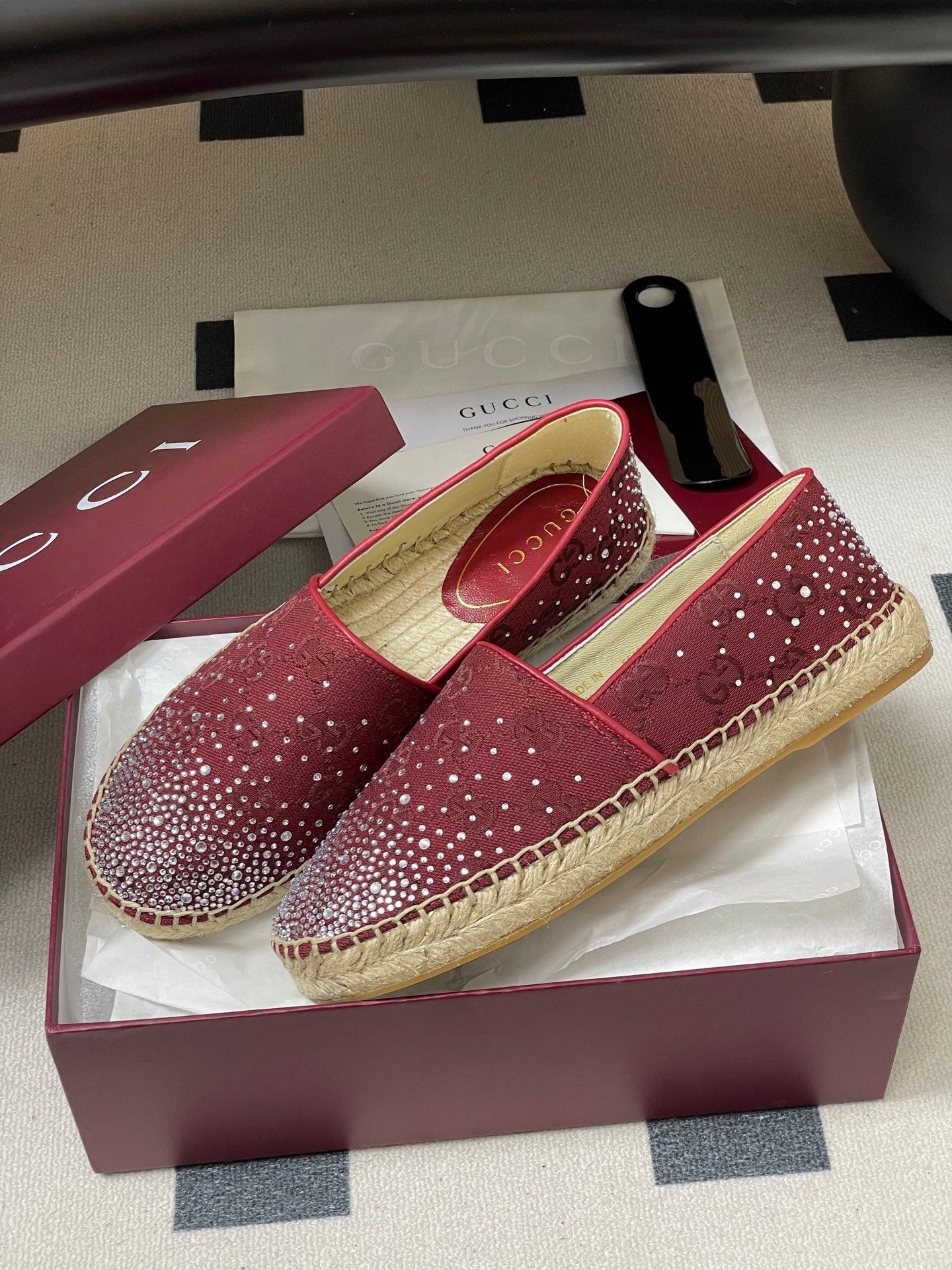 GG 26ss Slip-on Loafers Rhinestones Red Double G Canvas