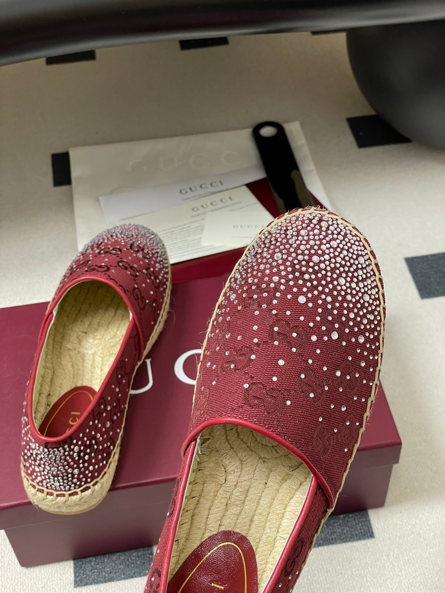 GG 26ss Slip-on Loafers Rhinestones Red Double G Canvas