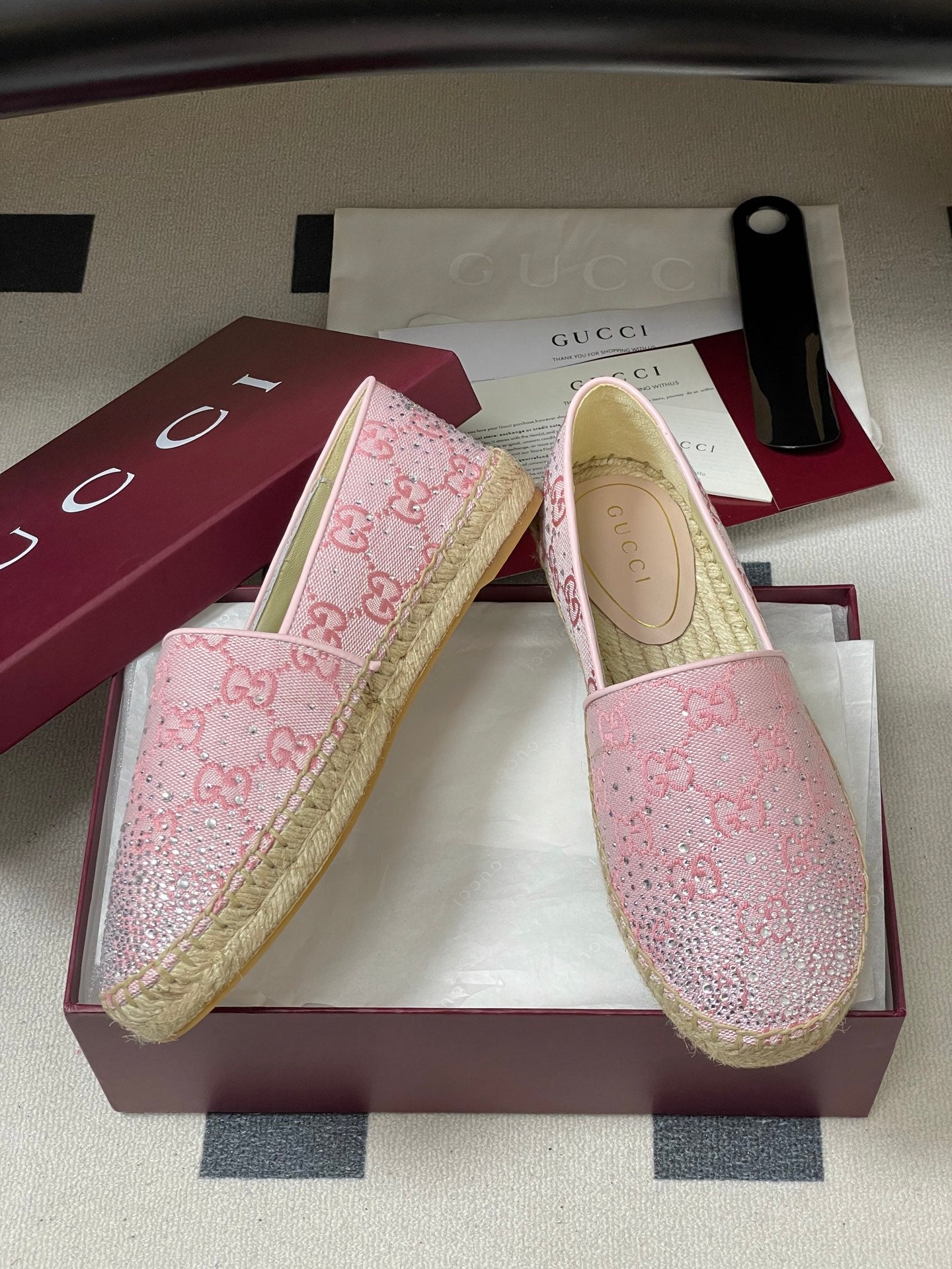 GG 26ss Slip-on Loafers Rhinestones Light Pink Double G Canvas 593498