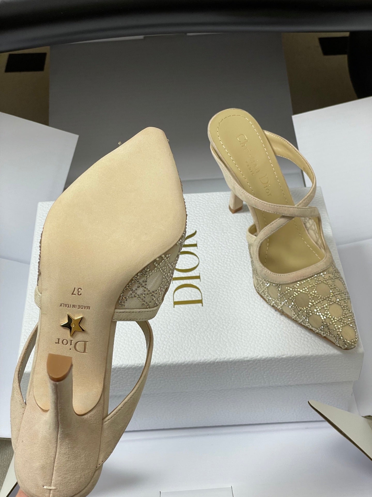 CD 26 High-Heeled Mules Beige Mesh Sheepskin 593587
