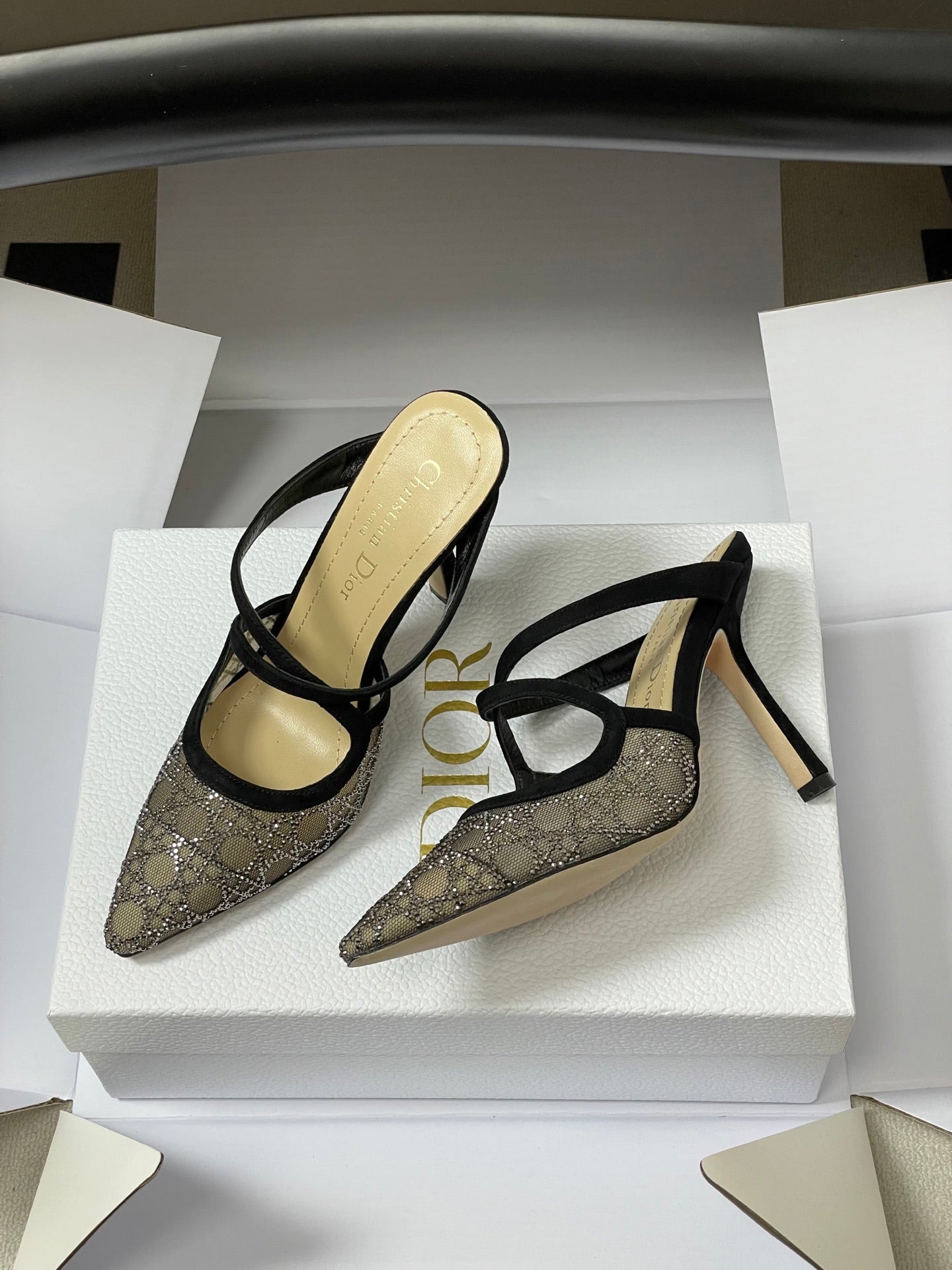 CD 26 High-Heeled Mules Black Beige Mesh Sheepskin 593588